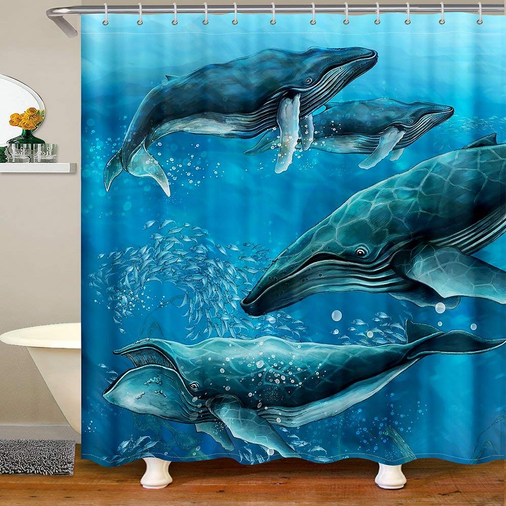 Ocean Fish Shower Curtain Set - Waterproof Washable Bathroom Decor with Hooks (72