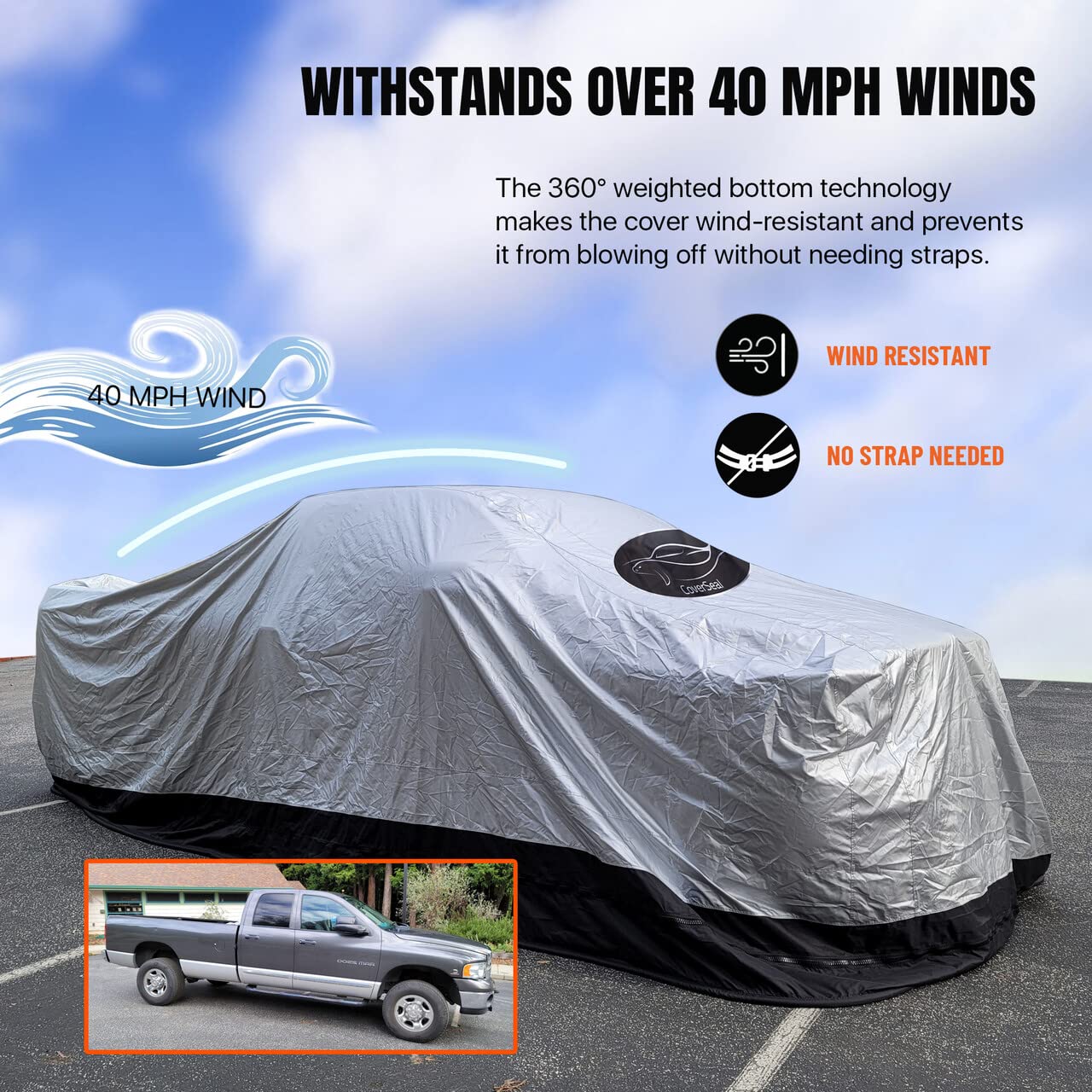 Heavy Duty Truck Cover - Wind & Weather Resistant, Patented Weighted Ground Conforming Apron Seal, 360° Full Protection for Long Bed Trucks (260
