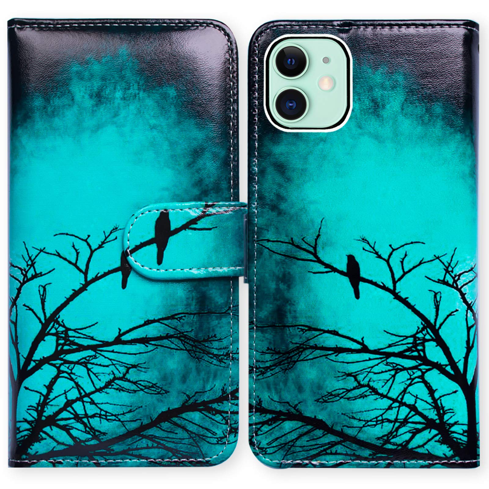 Premium Leather Wallet Case for iPhone 12/12 Pro - Black Bird Green Flip Cover with Card Slots & Kickstand | Slim Protective Phone Case for Women & Men | Perfect for Work, Travel & Daily Use