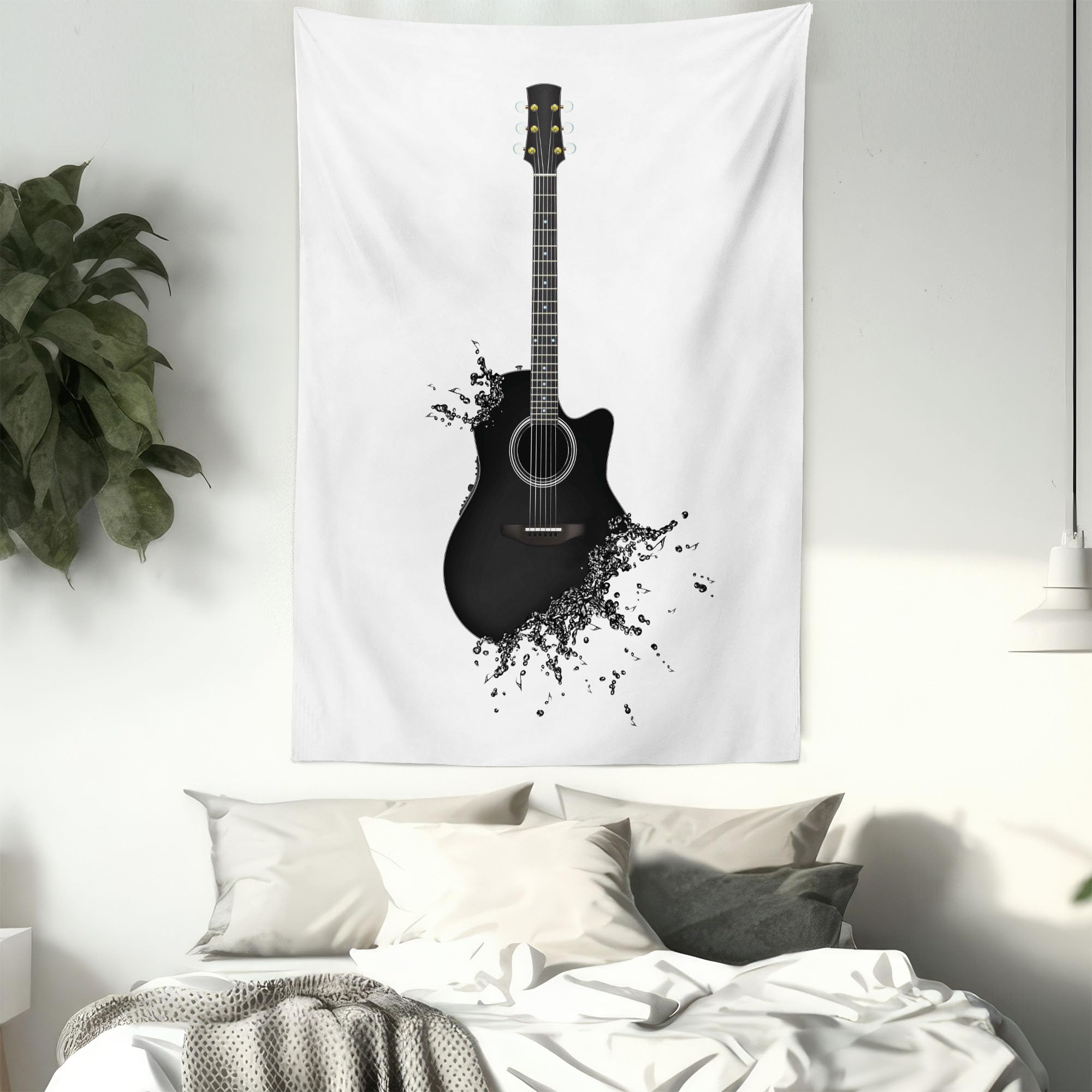 Ambesonne Guitar Wall Tapestry - 40x60 Inch Black & White Acoustic Instrument Art with String Details | Modern Music Themed Decor for Bedroom, Living Room, Dorm | Perfect for Musicians' Rooms, Studio Backdrops & Concert Theme Parties