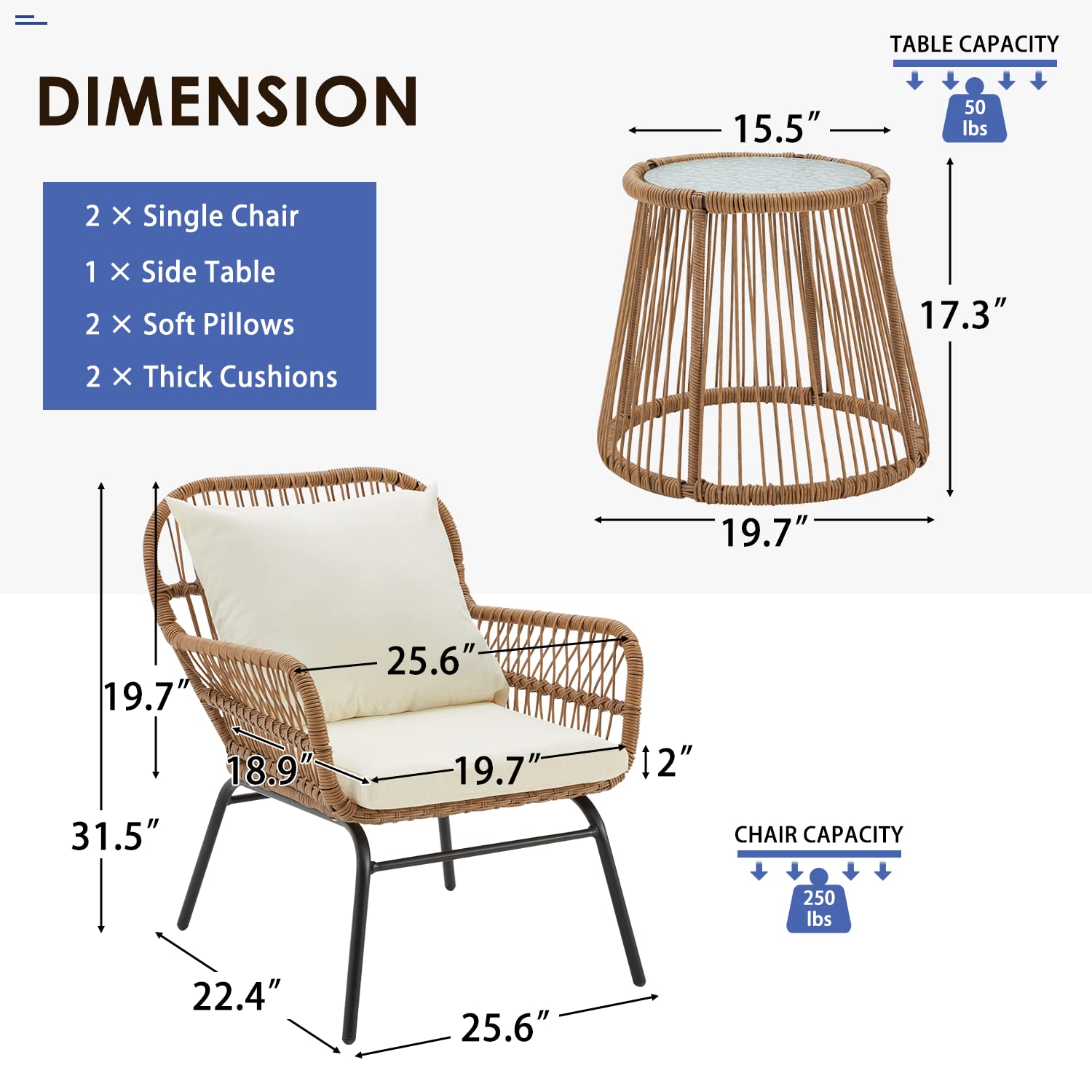 EROMMY 3-Piece Outdoor Patio Furniture Set - All-Weather Wicker Bistro Table with Tempered Glass Top & 2 Ergonomic Armchairs - White Balcony Conversation Set with Cushions for Porch, Backyard, Garden or Poolside Relaxation