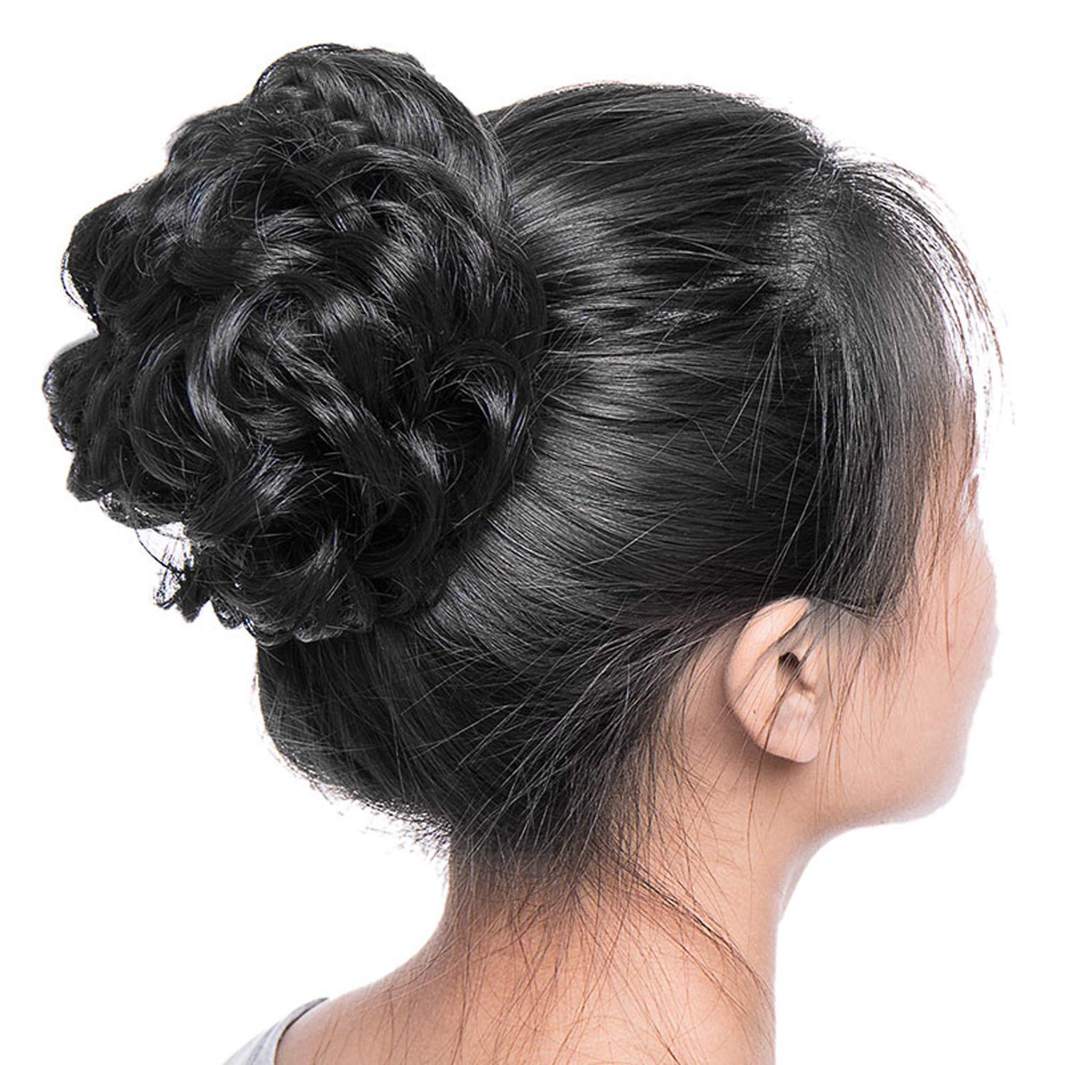 FLUSHIA 2PCS Messy Bun Hair Extensions with Elastic Band - Synthetic Hair Scrunchies for Women & Girls (Black) - Perfect for Quick Hairstyles, Parties & Everyday Wear