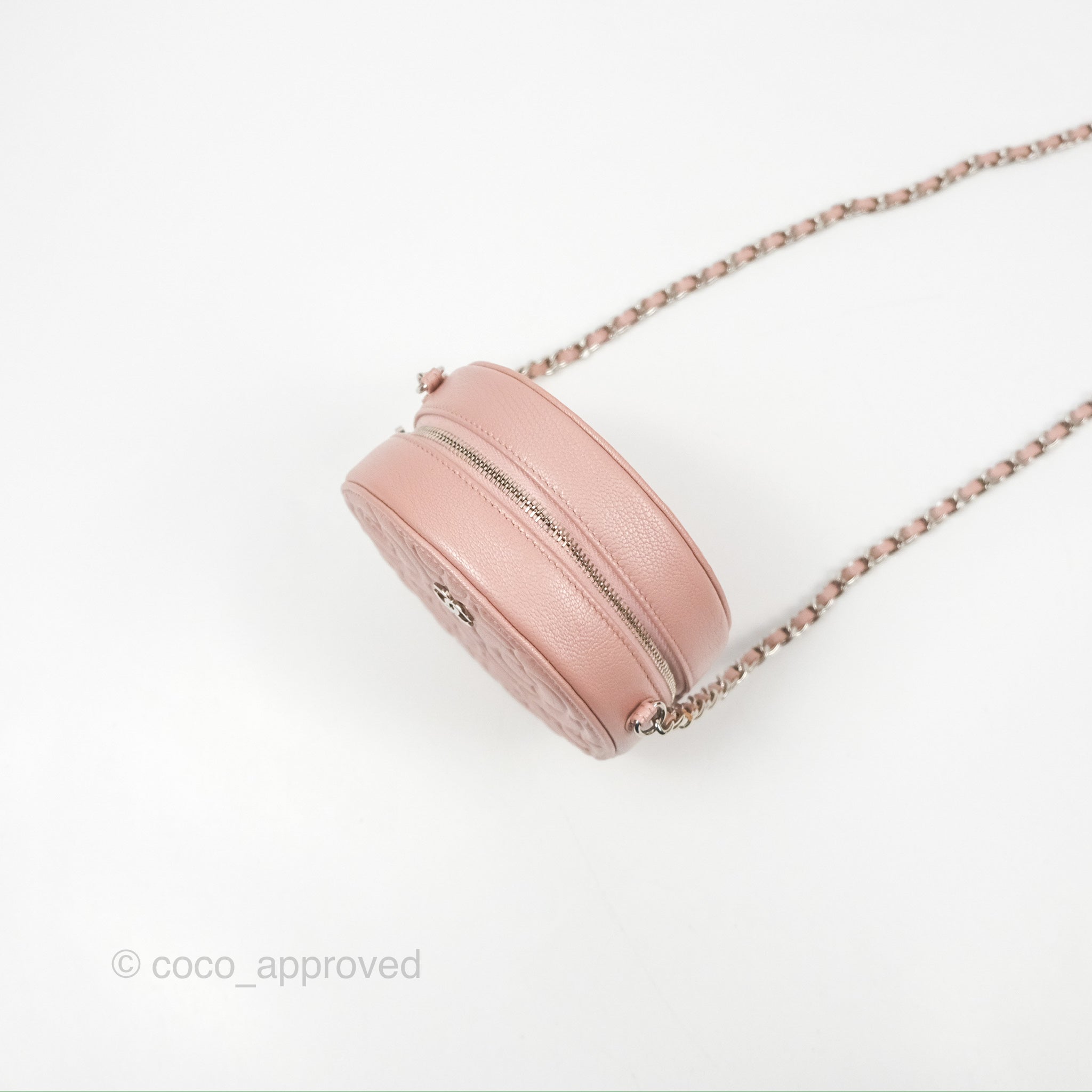 Chanel Camellia Embossed Round Clutch Bag with Chain - Iridescent Light Pink Goatskin Leather & Silver Hardware | Evening Party, Wedding, Special Occasion Accessory