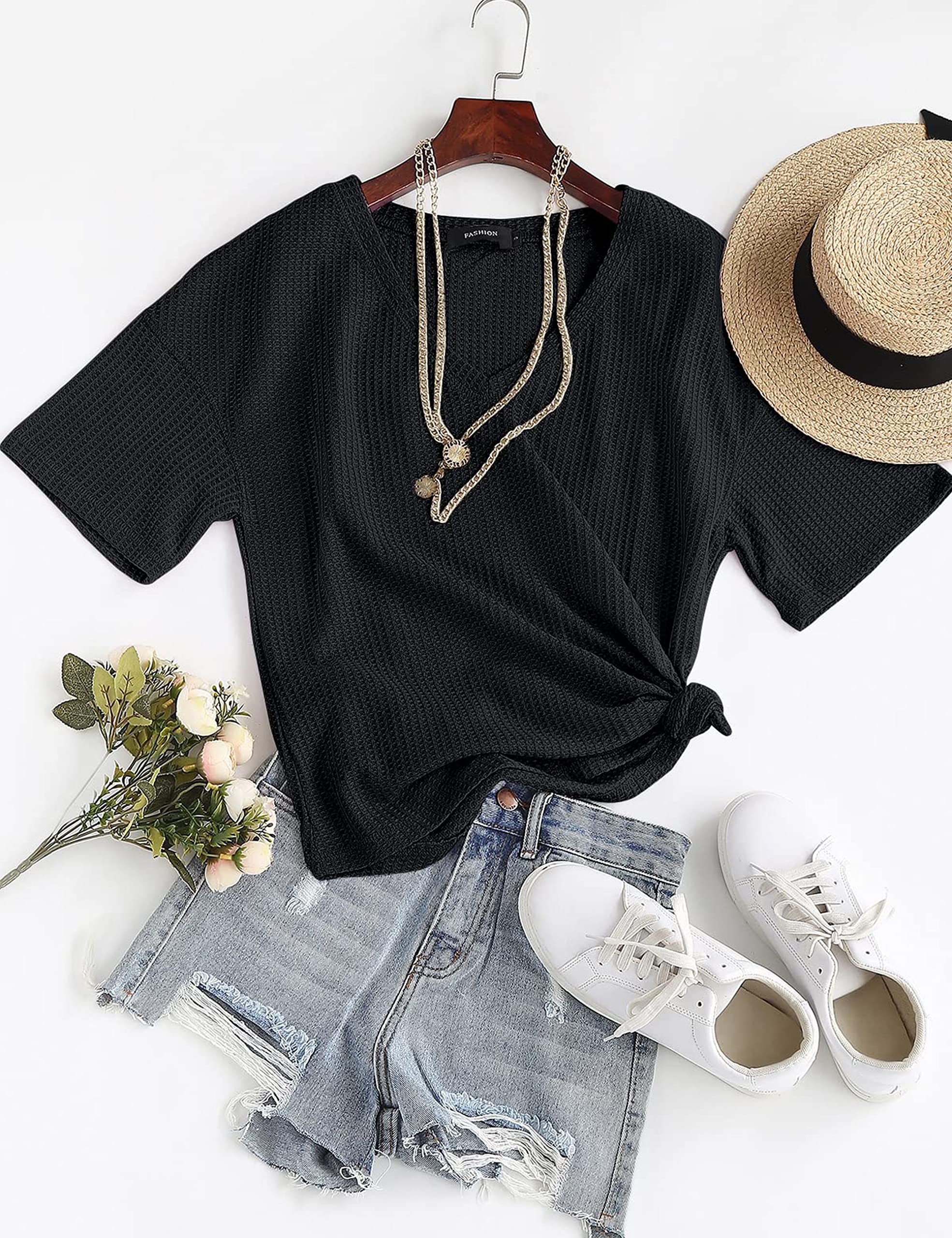 MEROKEETY Women's V Neck Batwing Half Sleeve Shirts - Soft Waffle Knit Loose Blouse, Solid Color Casual Tops for Women | Perfect for Work, Date Night & Everyday Wear