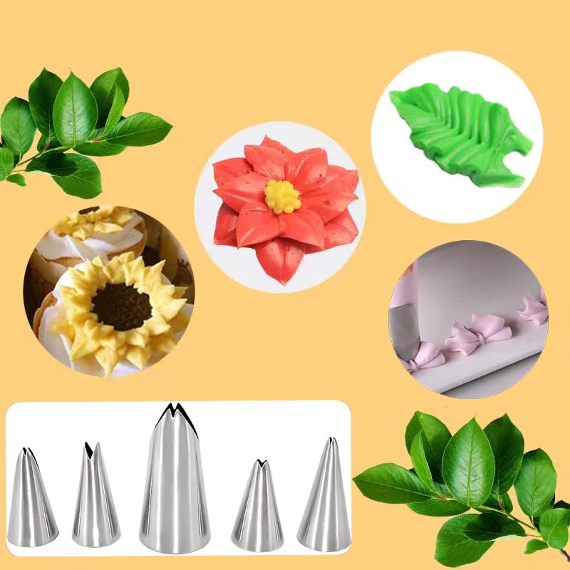 6 Pcs Leaf Icing Nozzles - Stainless Steel Cake Decorating Tips for Baking, Pastry & Fondant - with Cleaning Brush - Perfect for DIY Desserts & Party Cakes