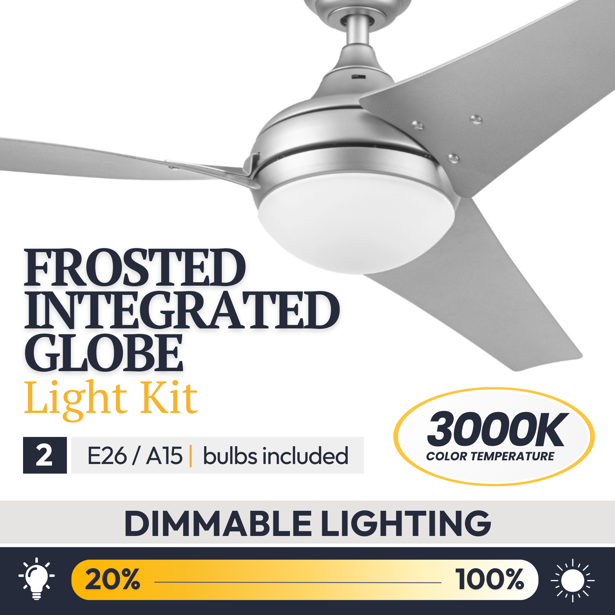 52 Inch Maxon Silver Ceiling Fan with Remote Control - Modern Cooling for Living Room, Bedroom & Office