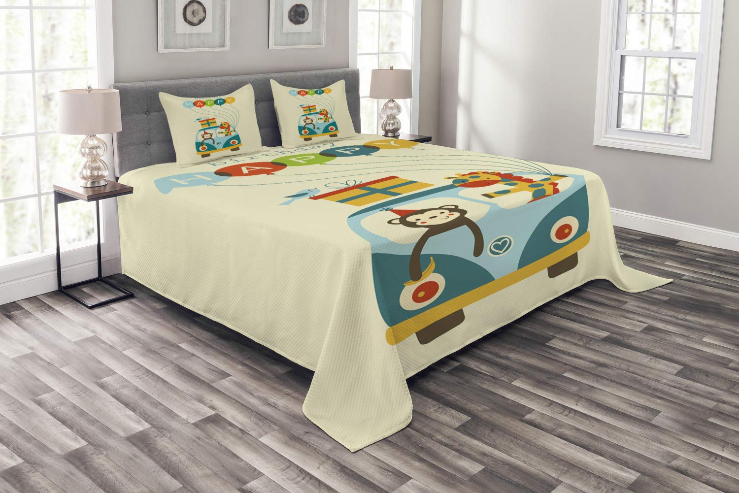 Ambesonne Hippie Bus Bedspread Set - Queen Size 3-Piece Coverlet with 2 Pillow Shams, Blue Bohemian Design Featuring Monkeys, Giraffes & Balloons, Quilted Decorative Bedding | Perfect for Birthday Parties, Dorm Rooms & Boho Home Decor