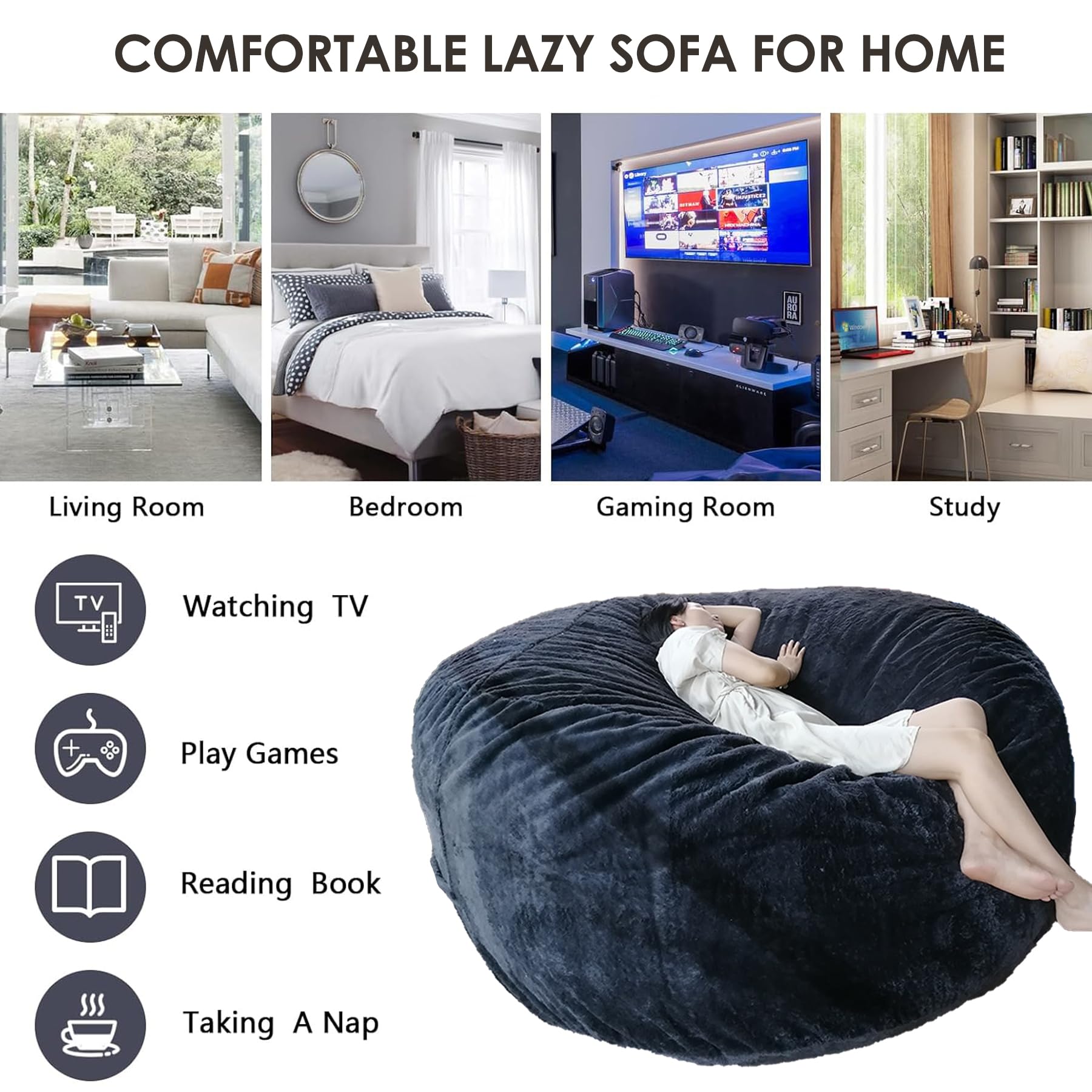 7FT Big Beanbag Chair for Adults & Kids - No Filling Comfy Cover, Dark Grey - Perfect for Bedroom, Living Room, Game Room & Dorm Lounge (Lazy Sofa Floor Chair)