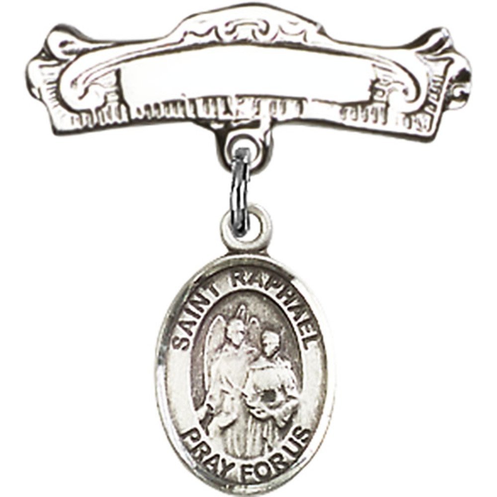 St. Raphael Archangel Sterling Silver Baby Badge - 7/8 Inch Polished Charm with Arched Pin - Perfect for Christenings, Baptisms & First Communion Gifts