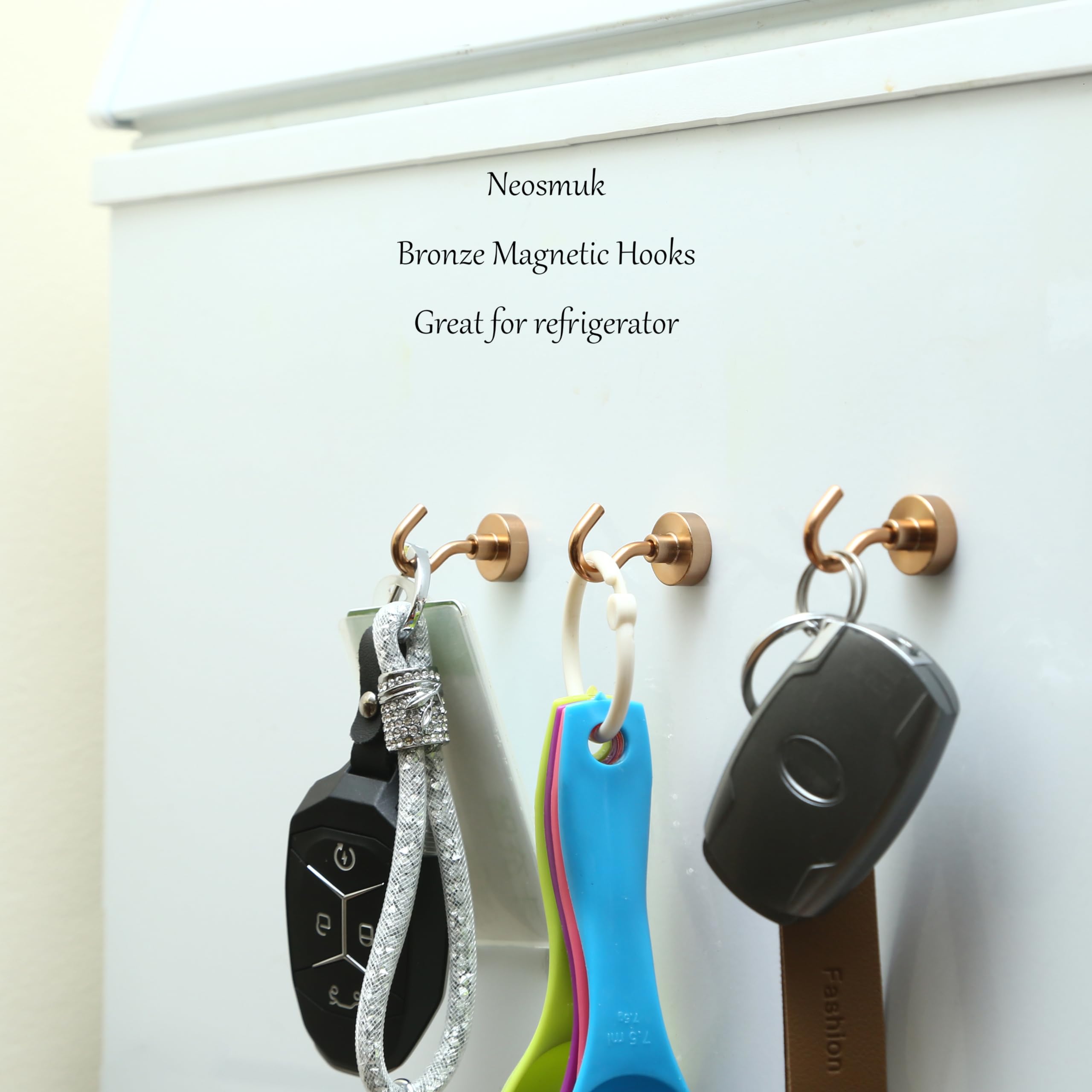 Neosmuk 30lb Heavy Duty Magnetic Hooks - Extra Strong Refrigerator Magnets with Hook for Hanging, Cruise Ship Use, Curtain Hangers & Grill Accessories (Bronze, 4 Pack) - Perfect for Kitchen, Bathroom, Garage & RV Organization