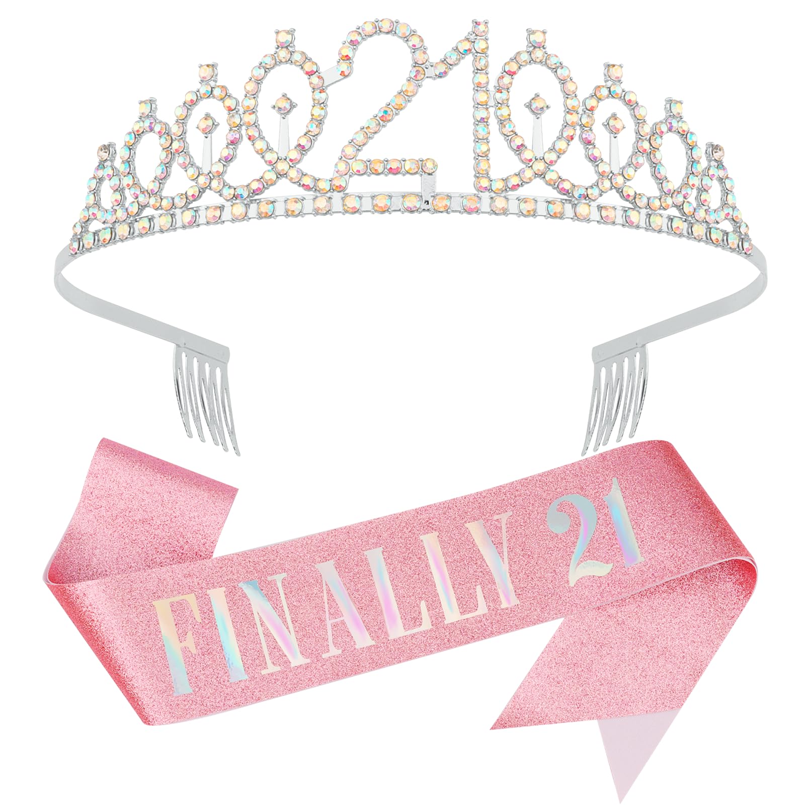 Elegant Silver Princess Tiara & Birthday Sash Set for Women - 21st Birthday Crown with Combs, Crystal Headpiece for Girls Party Hair Accessories | Perfect for Birthday Celebrations, Bachelorette Parties & Special Events