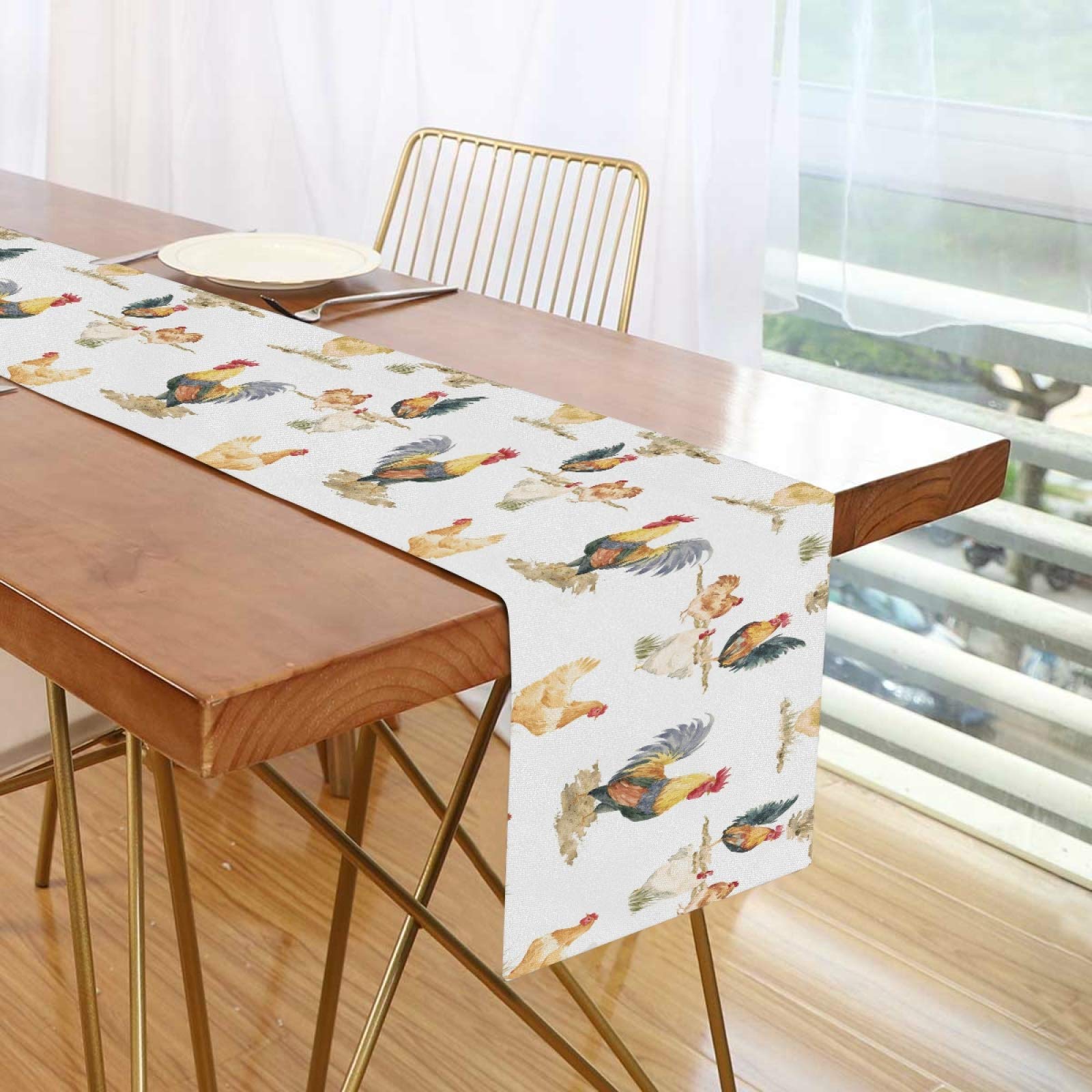 Double Sided Chicken Rooster Hen Table Runner - 13x70 Inch Washable Polyester Tablecloth for Farmhouse Kitchen, Dining Room Decor, Country Themed Parties & Holiday Gatherings