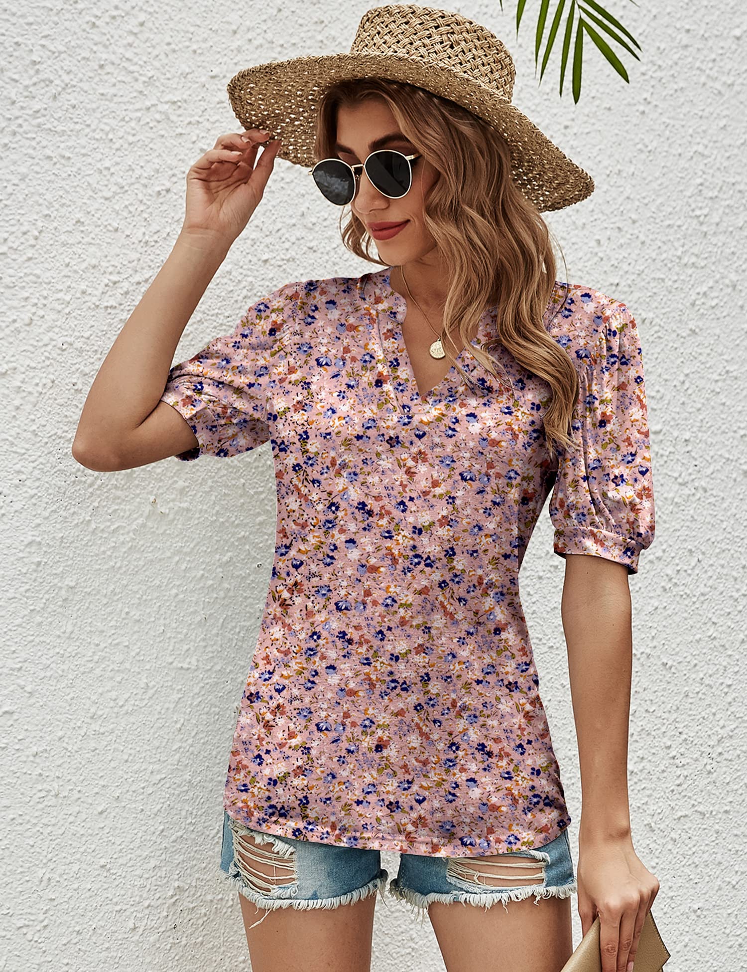 Romanstii Women's Casual V-Neck T-Shirt - Loose Fit Puff Short Sleeve Tunic Top Blouse for Summer | Comfortable Everyday Wear for Work, Outings & Relaxation