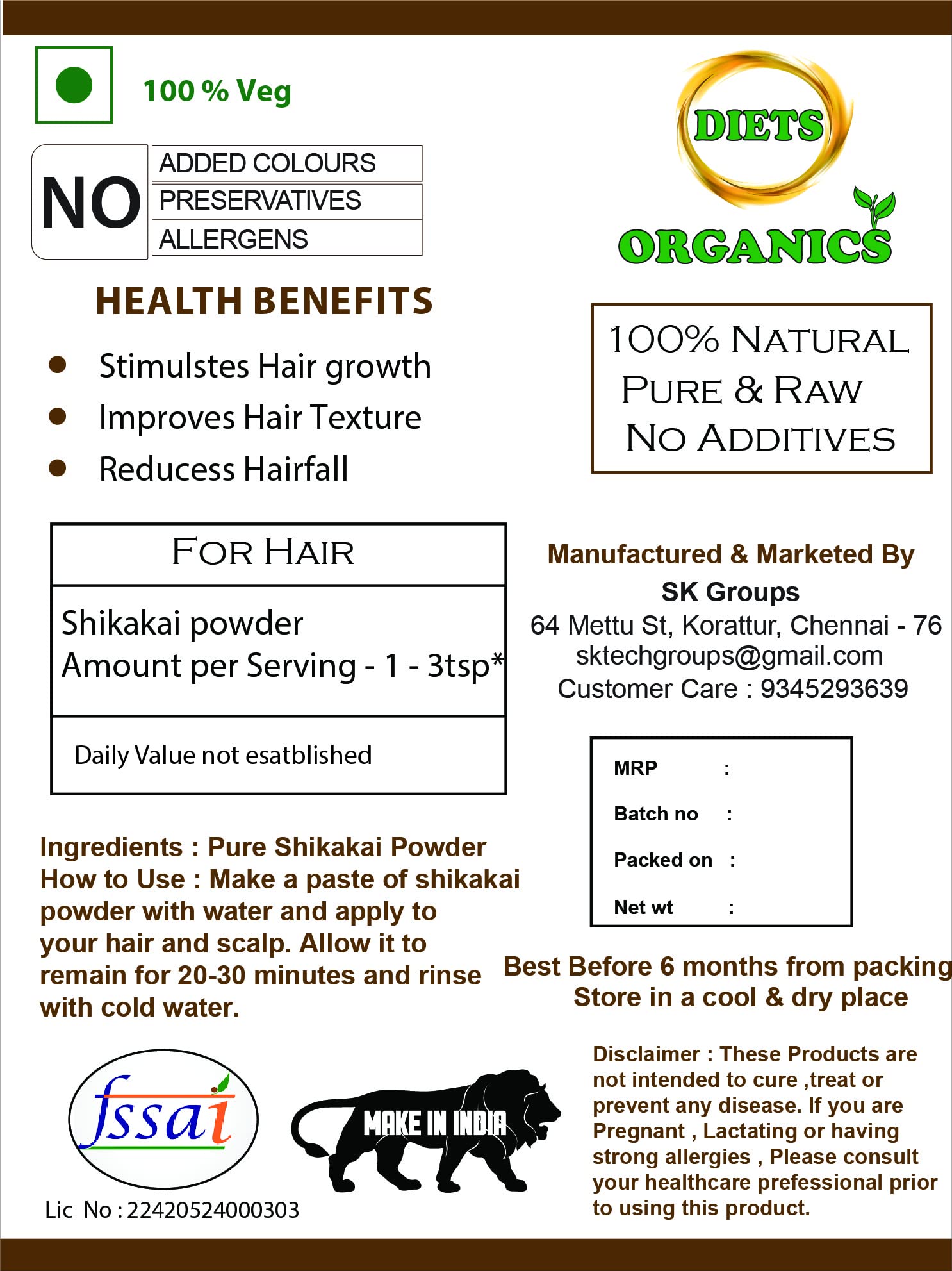 DIETS ORGANICS PURE Shikakai Powder for Hair Wash - 50g Natural Ayurvedic Hair Cleanser | Promotes Hair Growth & Scalp Health | Ideal for Natural Hair Care Routine at Home