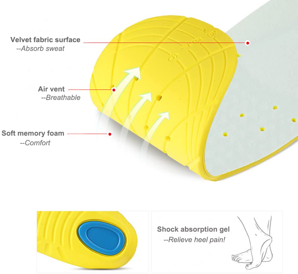 Premium Memory Foam Shoe Insoles for Women, Men & Kids - Arch Support, Cushioning & Shock Absorption to Relieve Foot Pain (Size S: Women 5-6/Kids 2-5) - Perfect for Running, Walking & Daily Comfort