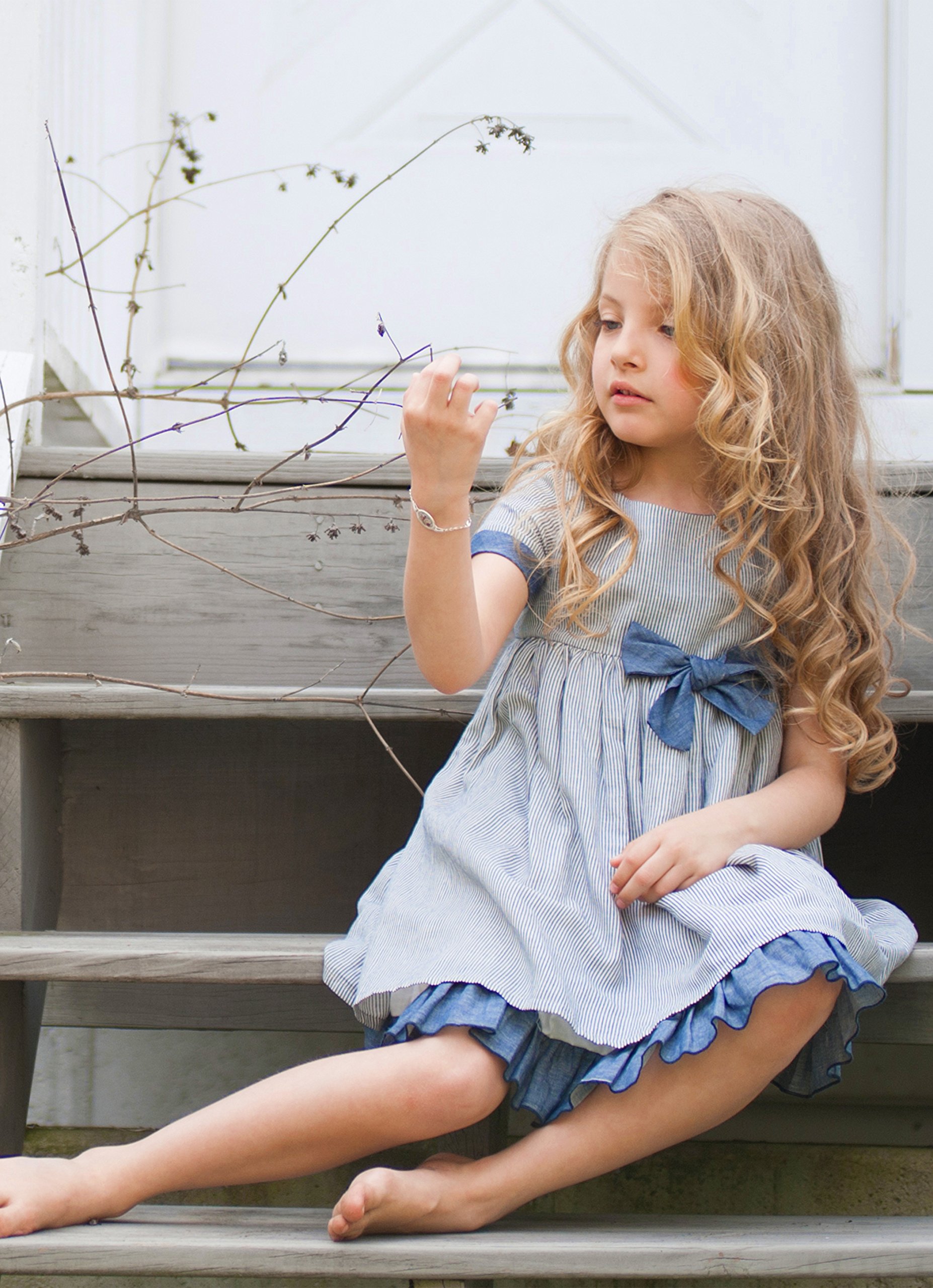 Navy Blue Striped Bow Party Dress for Girls - Cotton Linen Blend A-Line Easter Dress | Perfect for Easter Celebrations, Birthday Parties, and Special Occasions