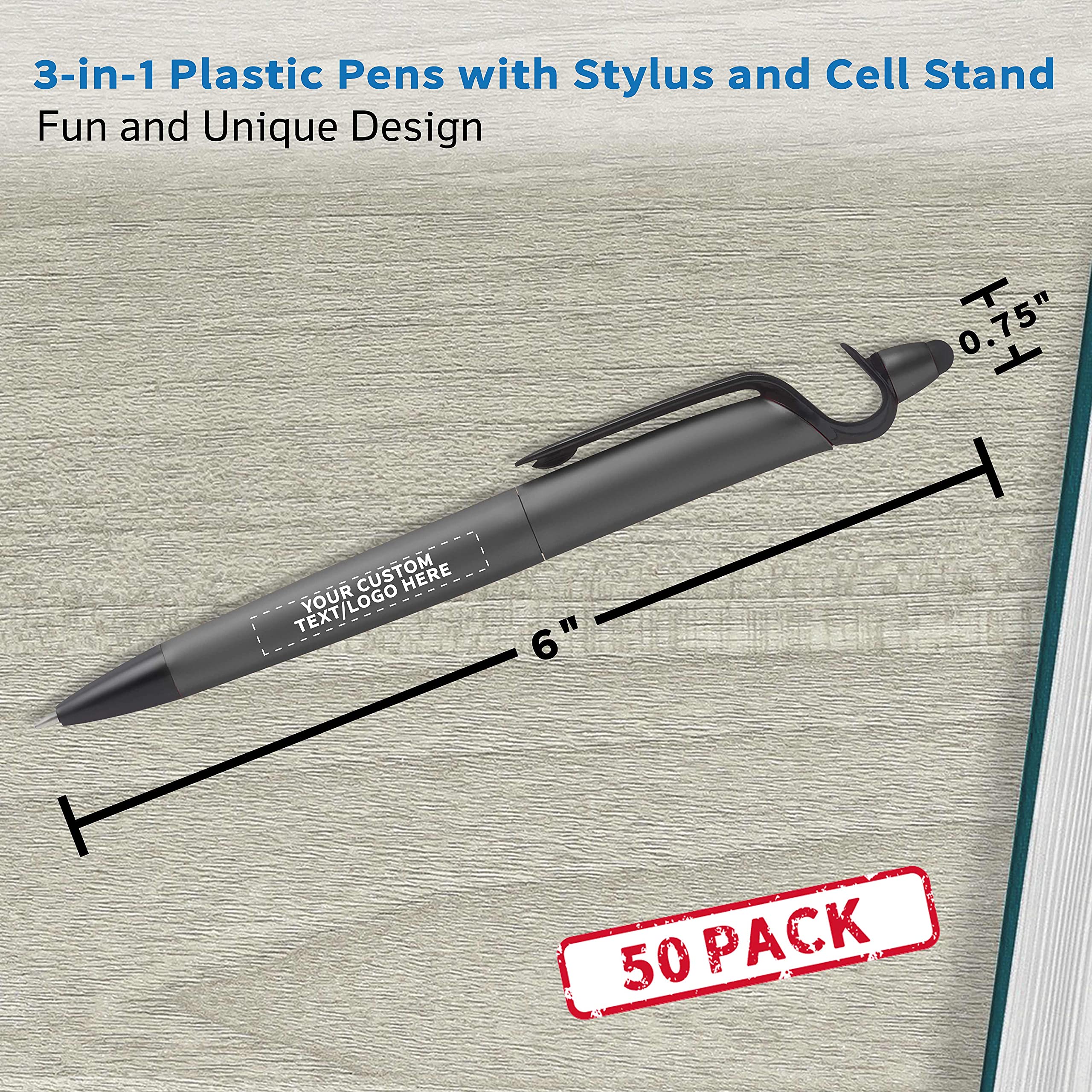 3-in-1 Multi-Function Stylus Pen with Phone Stand - 50 Pack Bulk Ballpoint Pens with Black Ink - Custom Text & Logo Printing - Ideal for Office, School & Business Promotions
