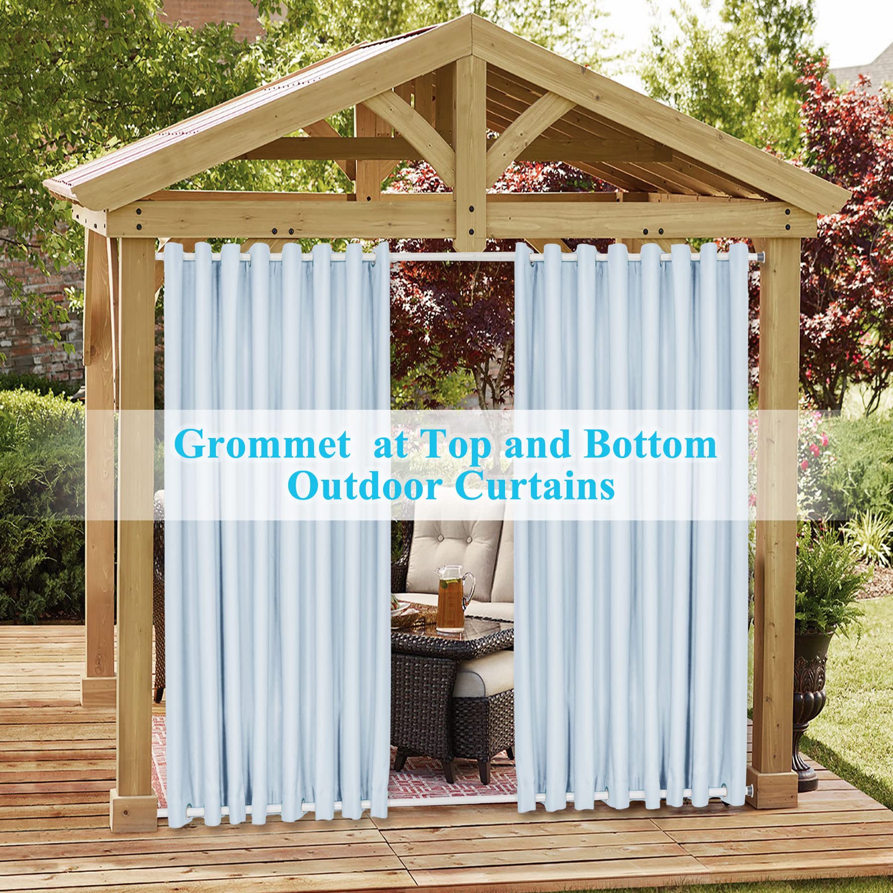 Frement Extra Long Outdoor Curtains - 84W x 120L Windproof Thermal Insulated Window Drapes for Patio, Porch & Canopy - Sky Blue Waterproof Curtain Panels with Anti-Rust Grommets (1 Panel) - Perfect for Sun Protection, Privacy & Outdoor Decor