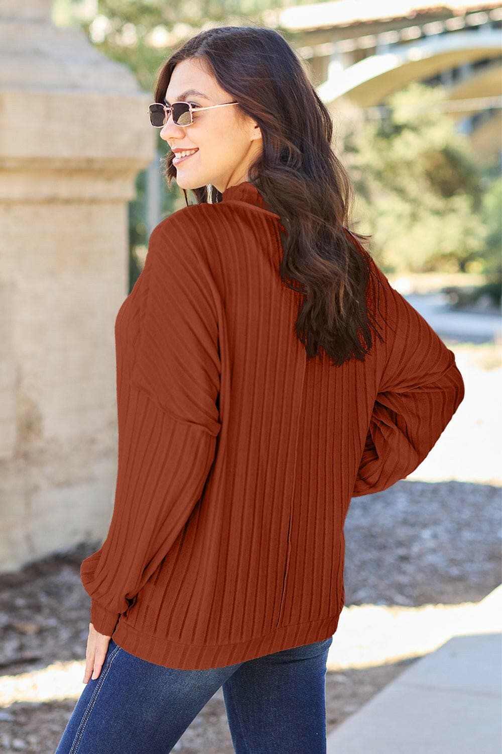 Stylish Ribbed Mock Neck Top with Exposed Seams - Women's Fashion Tops for Casual Wear, Office Outfits & Date Nights