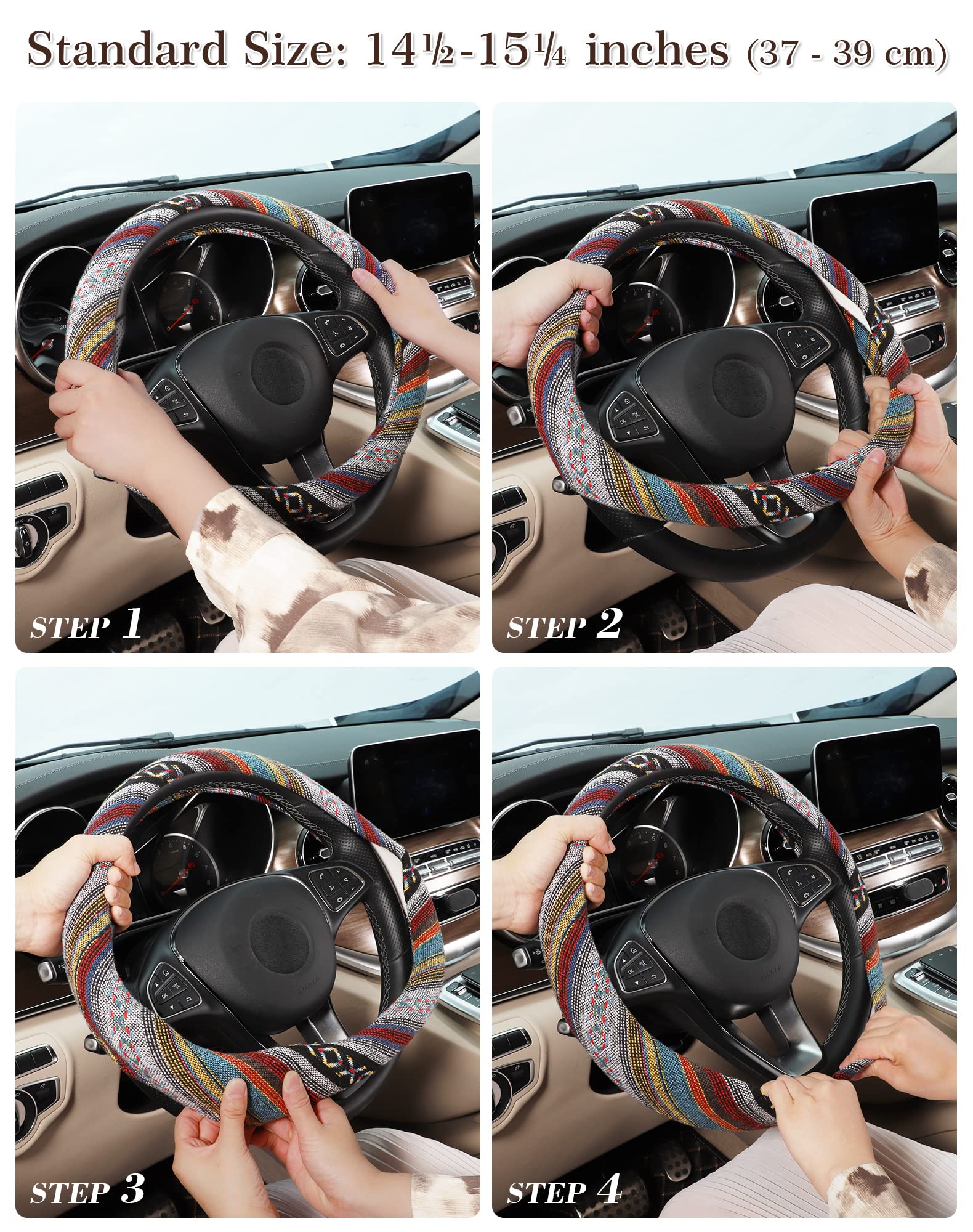 Boho Steering Wheel Cover - Ethnic Style Coarse Flax Car Wheel Cover with Baja Blanket Cloth, Fits 14.5-15.25 Inch Steering Wheels - Perfect for Vintage Cars, SUVs & Road Trips