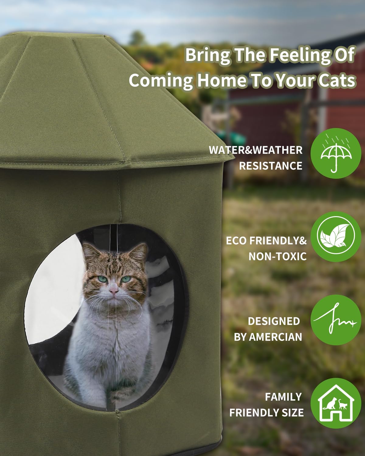 Heated Outdoor Cat House for Winter - Waterproof & Insulated with Warm Pad, Castle Design for Stray, Barn Cats & Kittens (Olive Green) | Perfect for Cold Weather, Backyards & Shelters