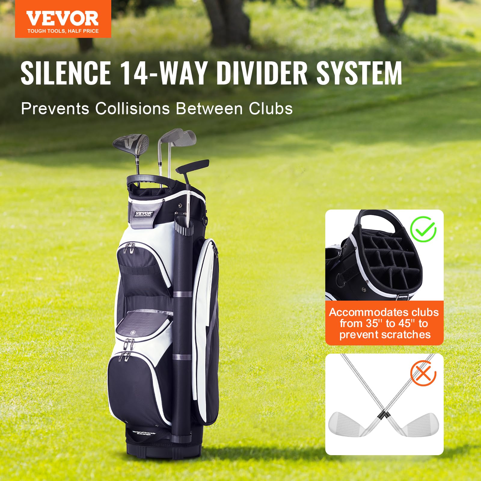 VEVOR Premium 14-Way Golf Cart Bag with Stand - Durable Golf Bag with Handles, Dust Cover & Detachable Dual Strap for Men & Women - Perfect for Golf Courses, Driving Ranges & Tournaments