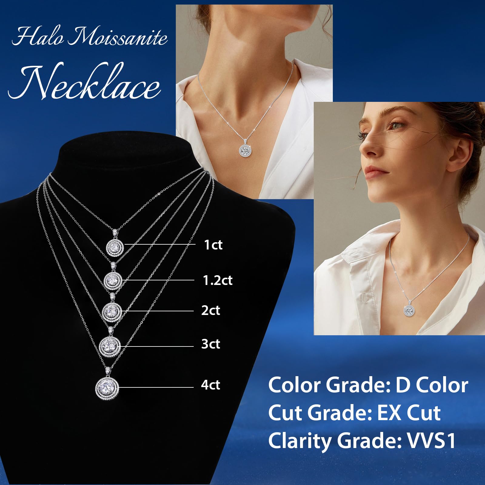 1-4CT Moissanite Pendant Necklace for Women - Sterling Silver Halo Round Heart Cut Jewelry, 18+2 Inch Adjustable Chain, Perfect Anniversary Birthday Gift for Wife Mom (Ideal for Weddings, Date Nights & Special Occasions)