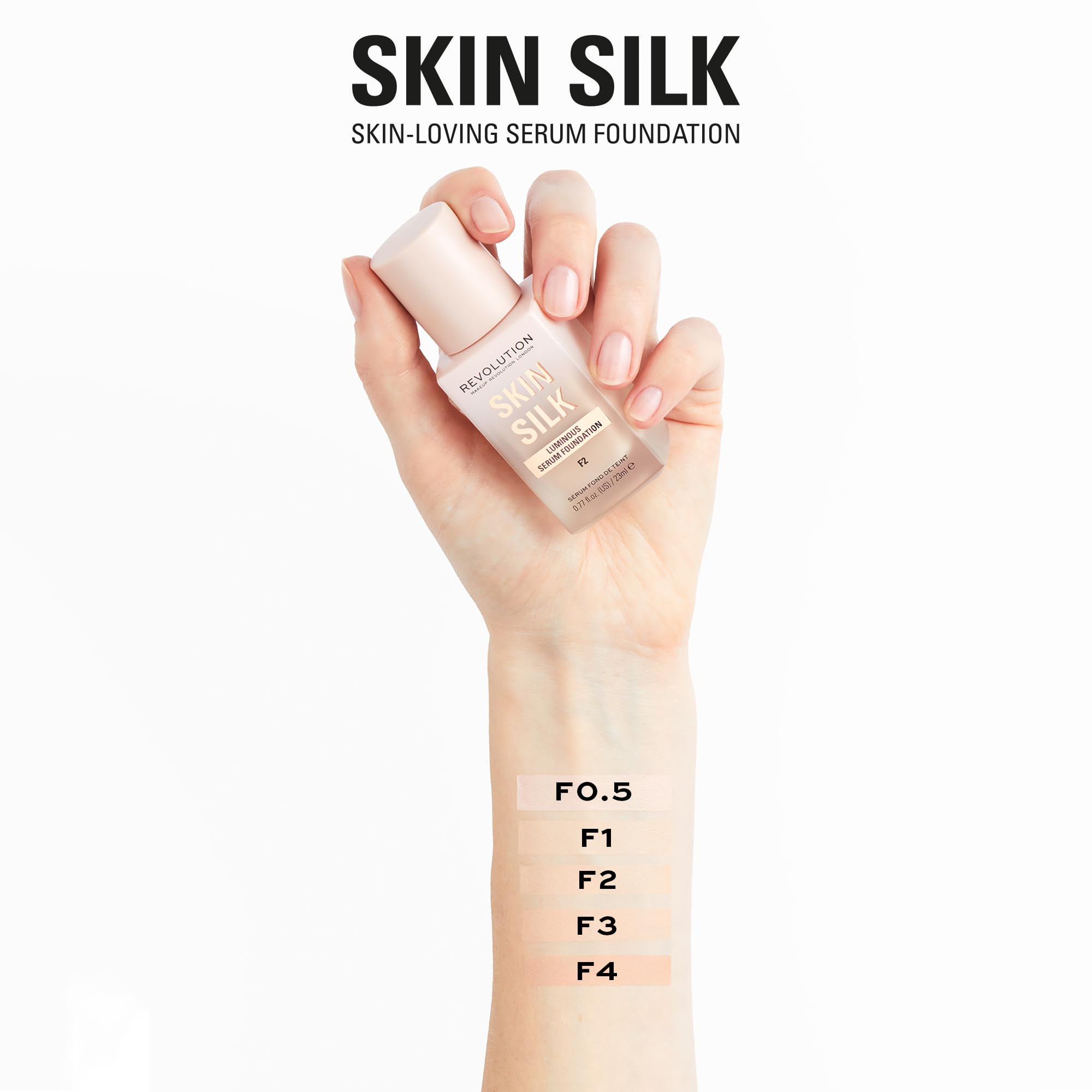 Revolution Beauty Skin Silk Serum Foundation - Lightweight Liquid Makeup with Hyaluronic Acid for Fair Skin (F2), 0.77 Fl Oz | Light to Medium Coverage with Radiant Finish | Perfect for Daily Wear & Special Occasions