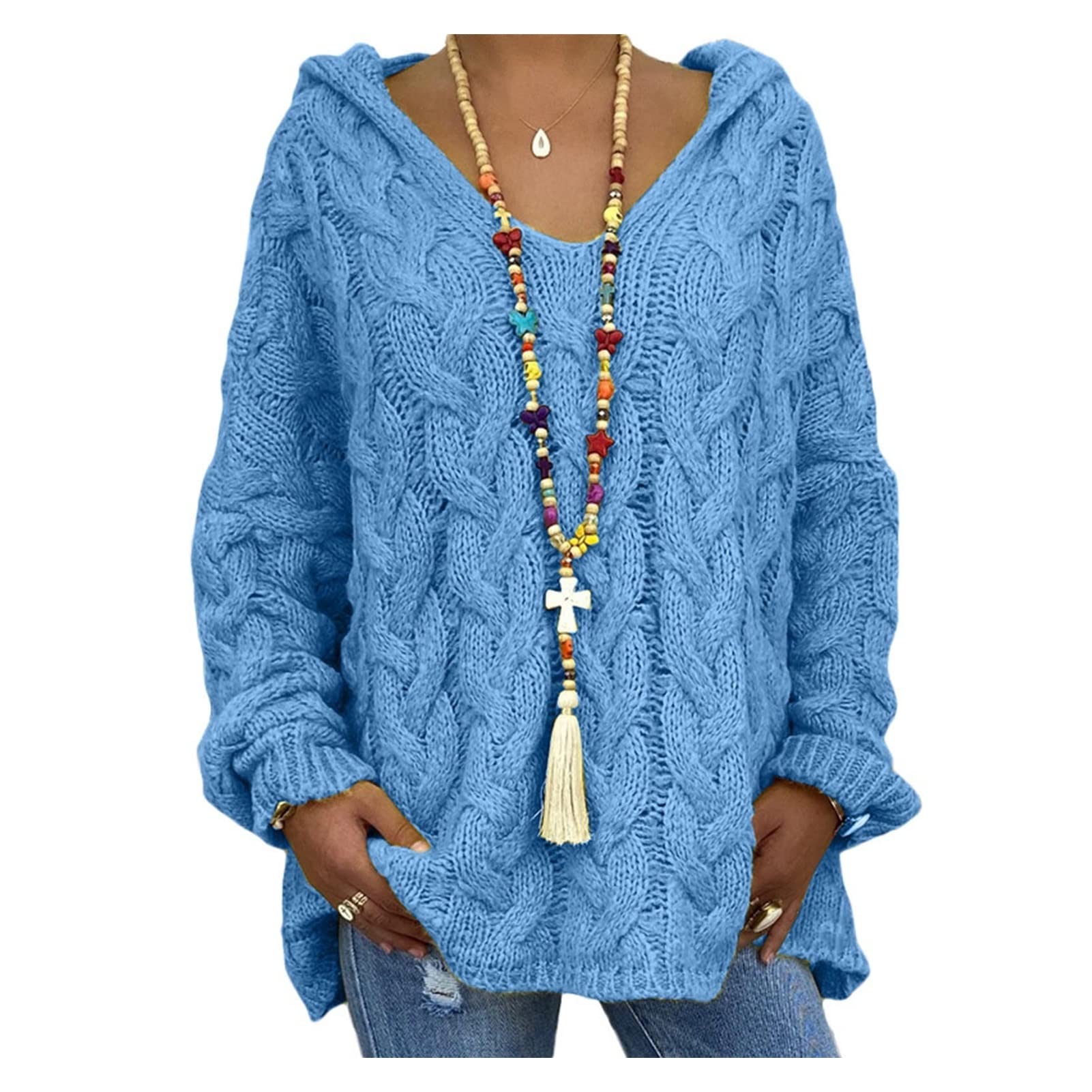 Women's Autumn Winter V-Neck Long Sleeve Loose Patchwork Sweater - Thick Casual Pullover Plus Size Tops (Blue, Large) | Cozy Fall & Winter Fashion for Work, Dating & Everyday Wear