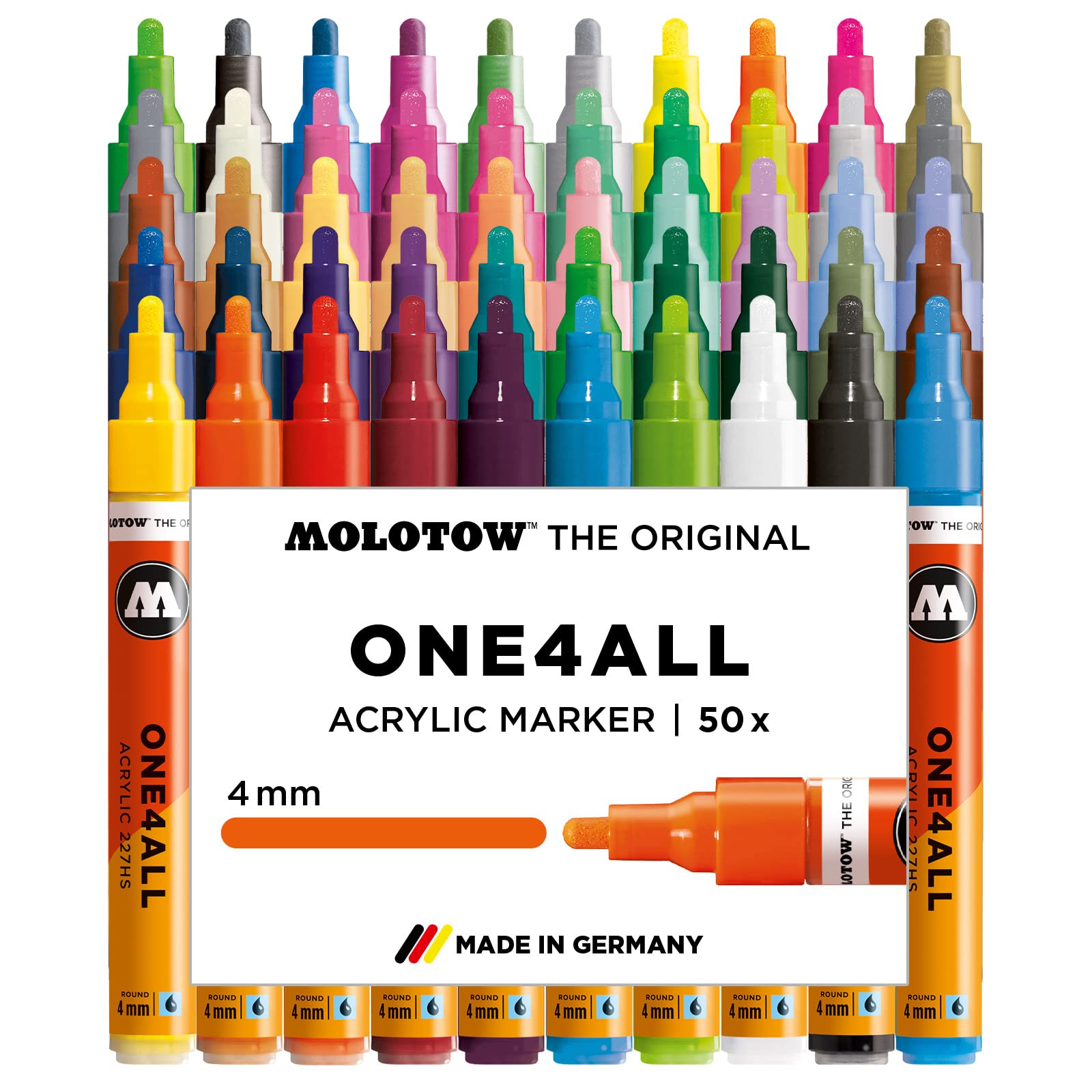 Molotow ONE4ALL Acrylic Paint Marker Set - 4mm Tip, 50 Assorted Colors (200.645) - Perfect for Graffiti, Canvas Art, DIY Projects & Industrial Marking