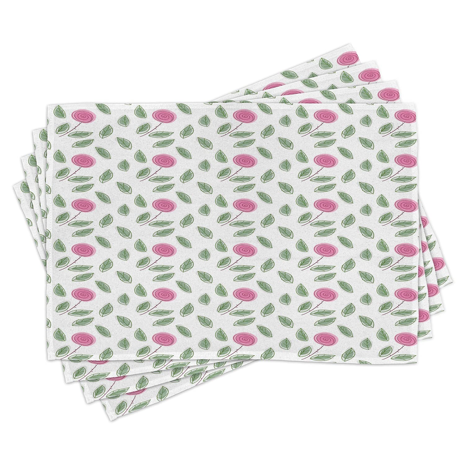 Ambesonne Rose Place Mats Set of 4 - Modern Pink Rose Blossom Spiral Design with Green Leaves - Washable Fabric Table Mats for Dining Room & Kitchen Decor - Perfect for Dinner Parties, Holiday Gatherings & Everyday Use (Pink, Reseda Green, White)
