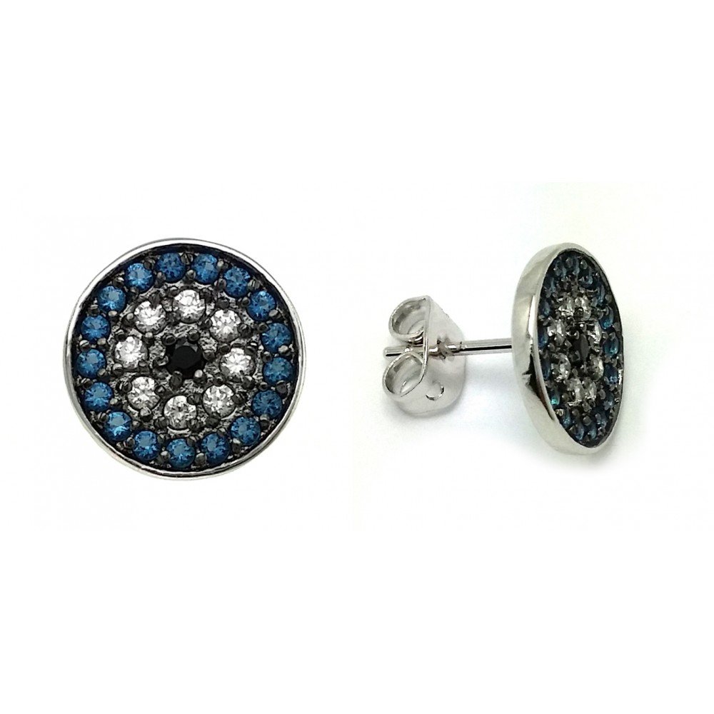 Blue Black & Clear Cubic Zirconia Stud Earrings - Round Rhodium Plated Sterling Silver Jewelry for Women | Perfect for Parties, Weddings & Everyday Wear