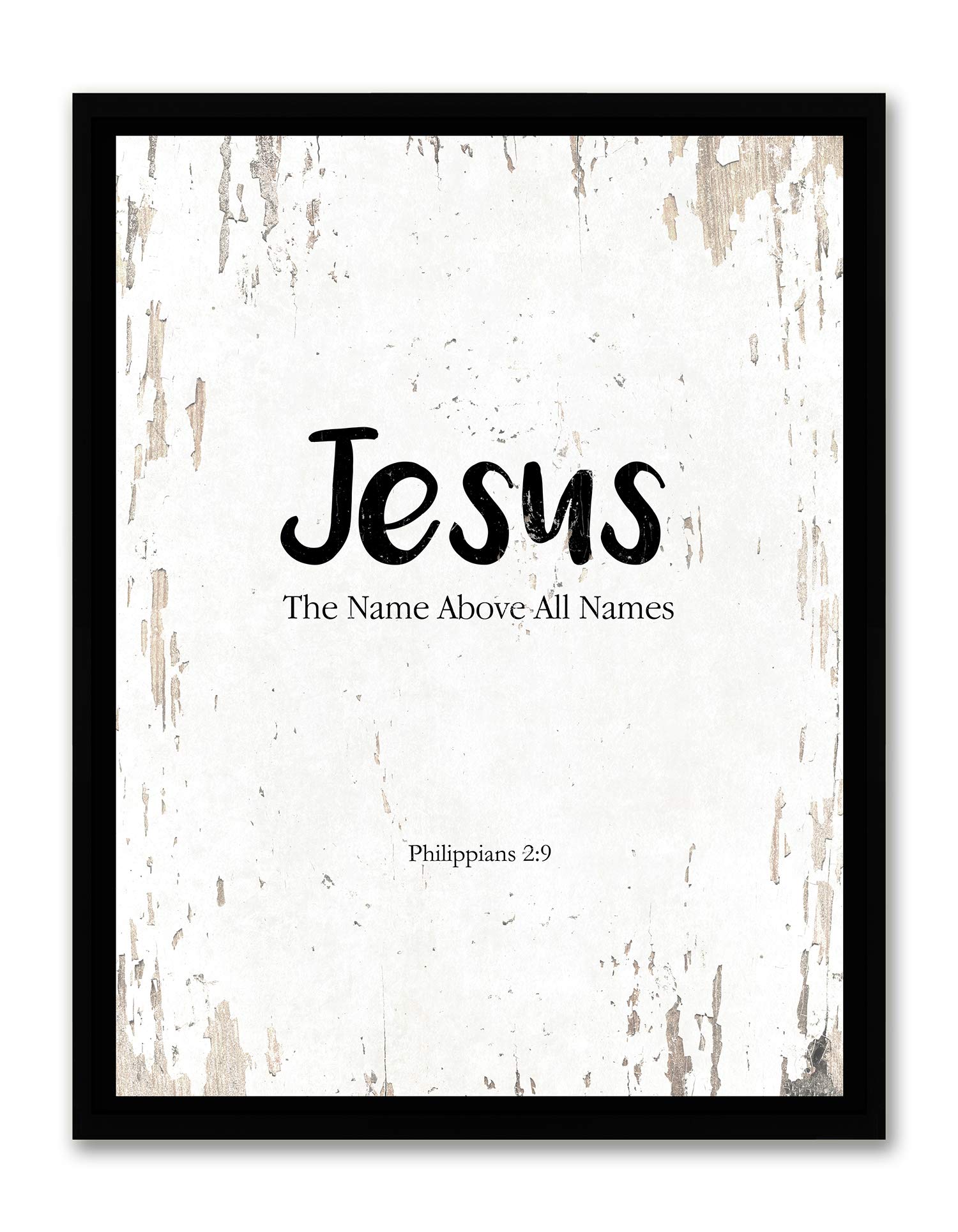 Jesus Name Wall Art - Philippians 2:9 Bible Verse in Black Frame - Home Decor for Christian Living
