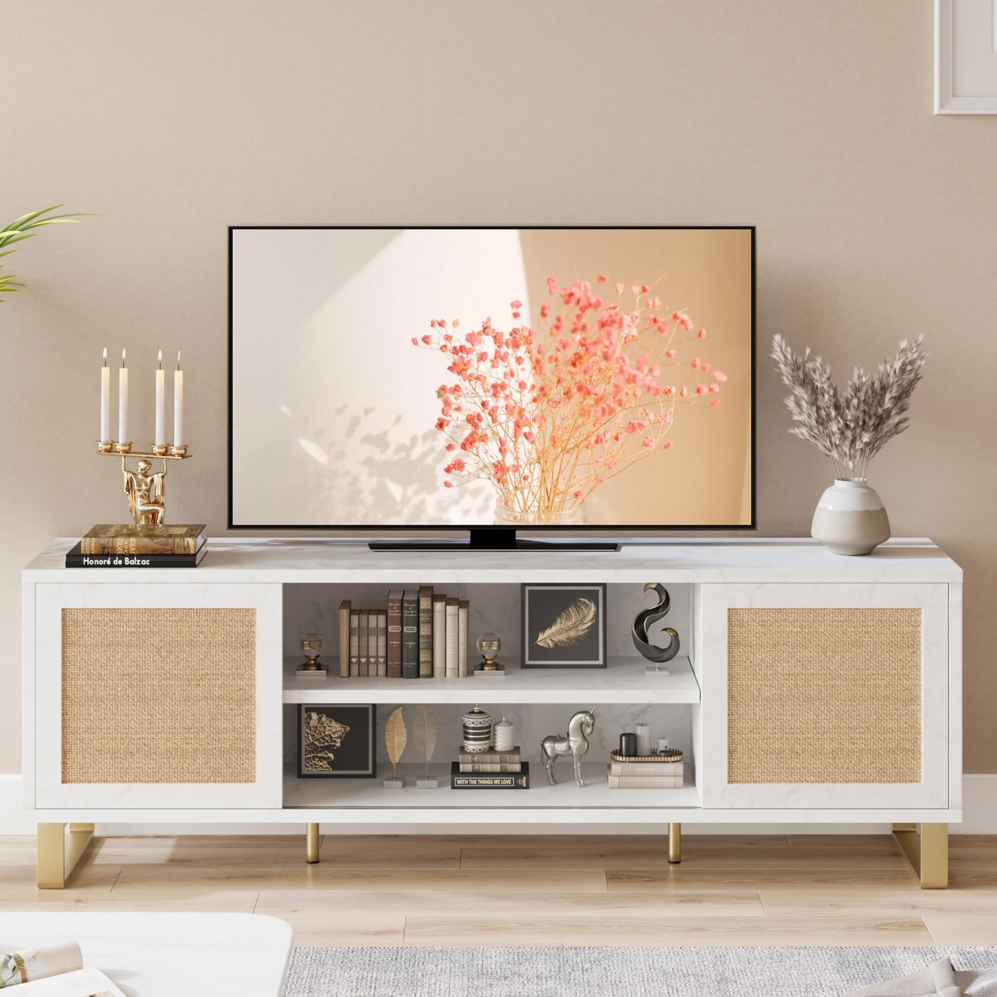 Modern White Rattan TV Stand 66 Inch - Entertainment Center with Storage Doors & Shelves, Media Cabinet for Living Room & Bedroom - Perfect for Organizing TVs, Gaming Consoles & Home Decor