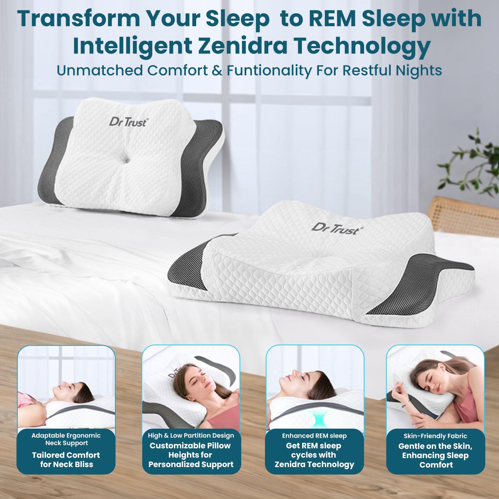 Dr Trust USA Orthopedic Memory Foam Cervical Pillow for Neck Pain Relief - Ergonomic Head & Shoulder Support Pillow for Side, Back & Stomach Sleepers - Helps with Sleep Apnea, Insomnia, Snoring & Stress - Perfect for Home, Office & Travel Use