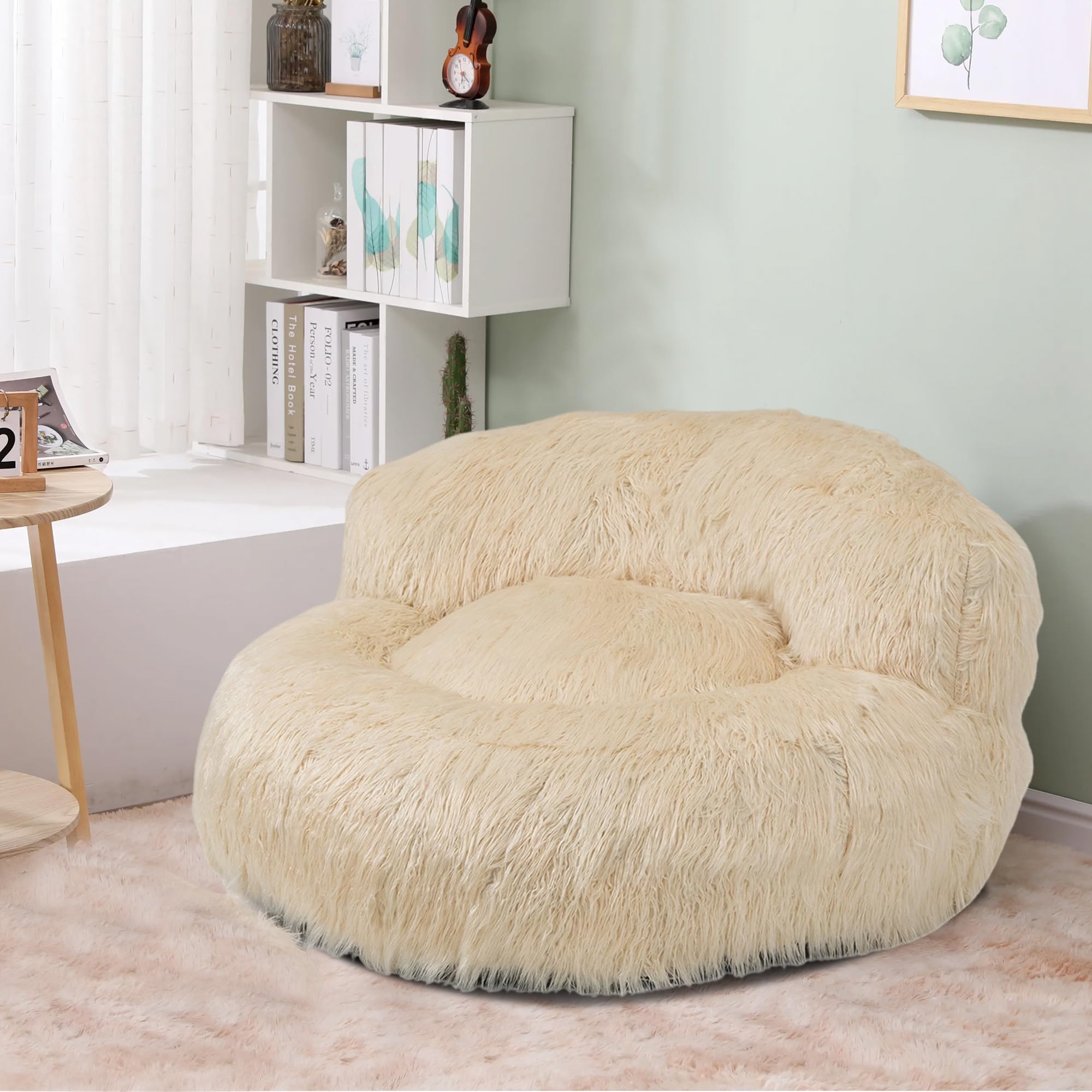 Soft Fluffy Faux Fur Bean Bag Chair with Ottoman - Large Shaggy Plush Lazy Sofa Bed for Living Room, Bedroom & Home Office - Modern Accent Furniture for Relaxing, Gaming & Lounging (Beige)