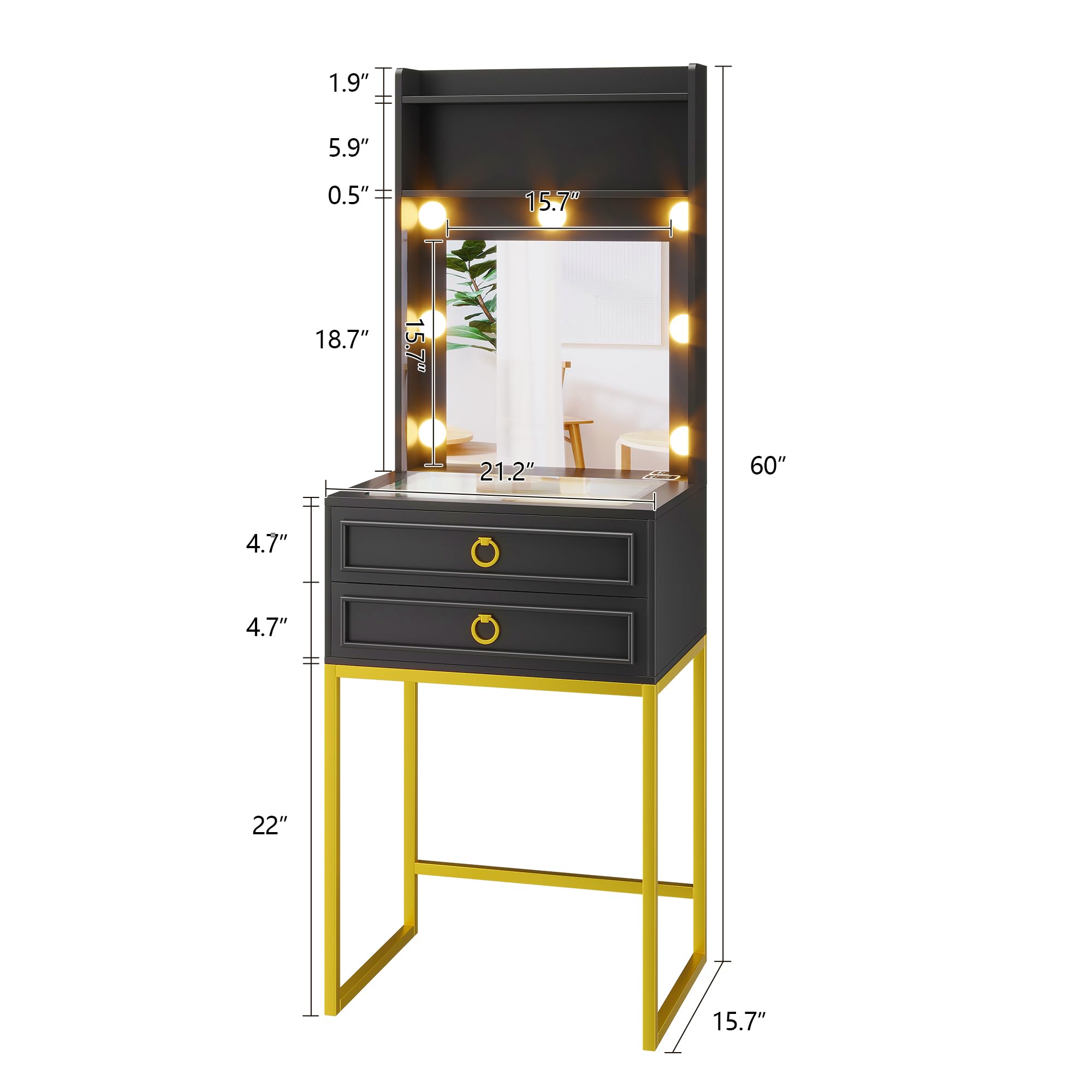 LVSOMT Small Makeup Vanity with Glass Top - Black Vanity Desk with LED Lighted Mirror & Motion Sensor - Mini Dressing Table for Bedroom, Apartment, Bathroom - Perfect for Makeup Application & Beauty Routine