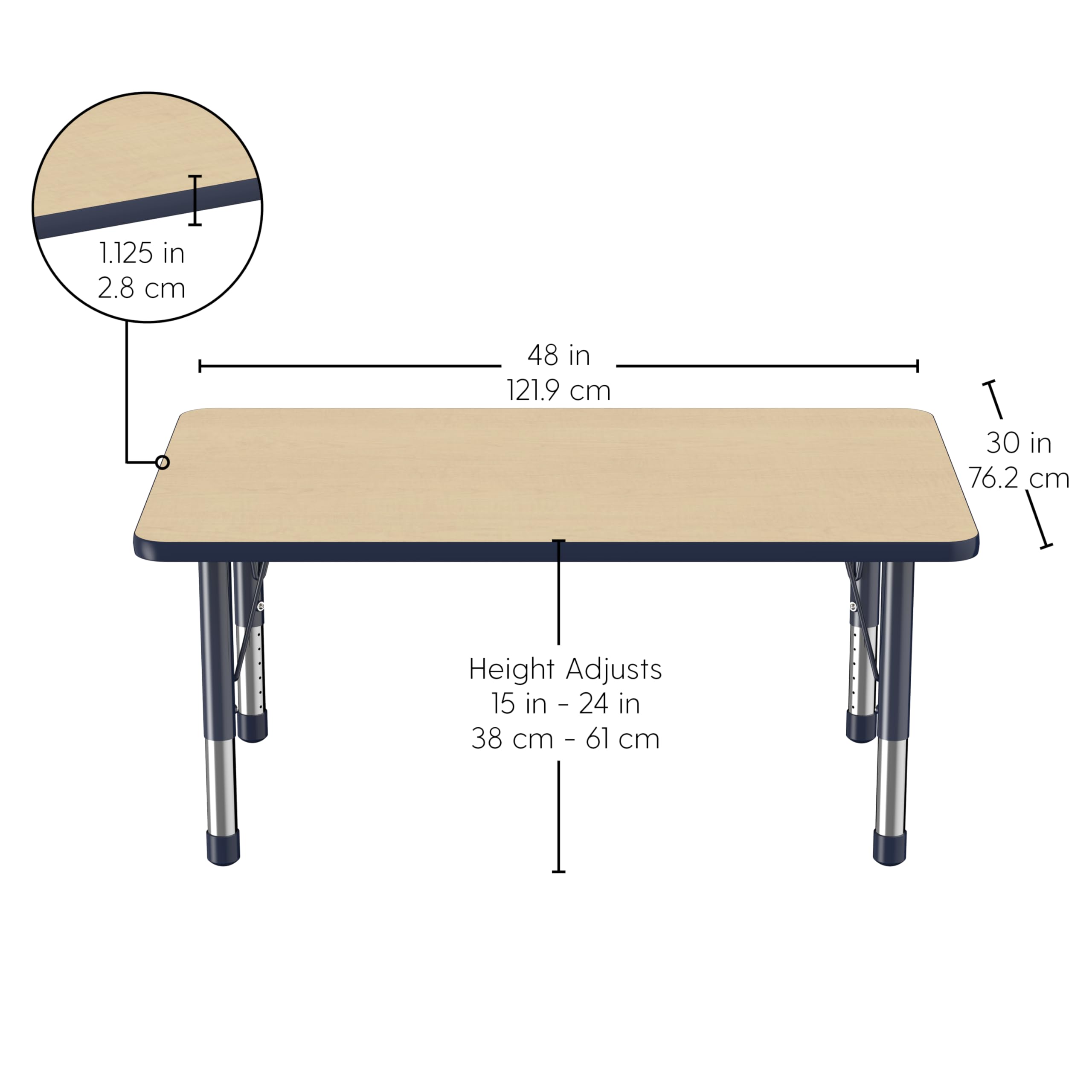 Adjustable Height Kids Activity Table 30x48 Inch - Rectangle School & Classroom Desk for Toddlers with Chunky Legs, Maple Top & Navy Edge - Perfect for Playrooms, Preschools & Daycare Centers