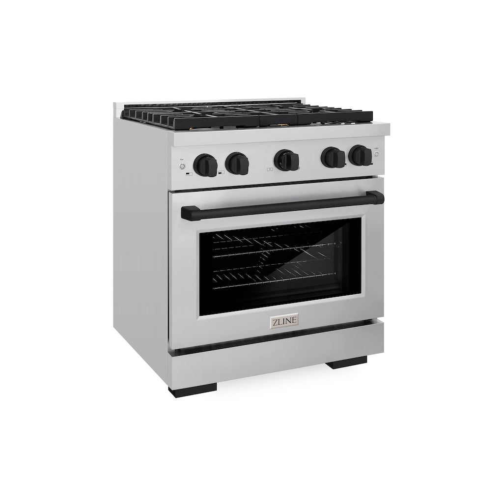 ZLINE Autograph Edition 30-inch 4.2 cu. ft. Stainless Steel Gas Range with 4 Burner Cooktop & Convection Oven - Matte Black Accents (SGRZ 30 MB) - Perfect for Modern Kitchens & Professional Cooking
