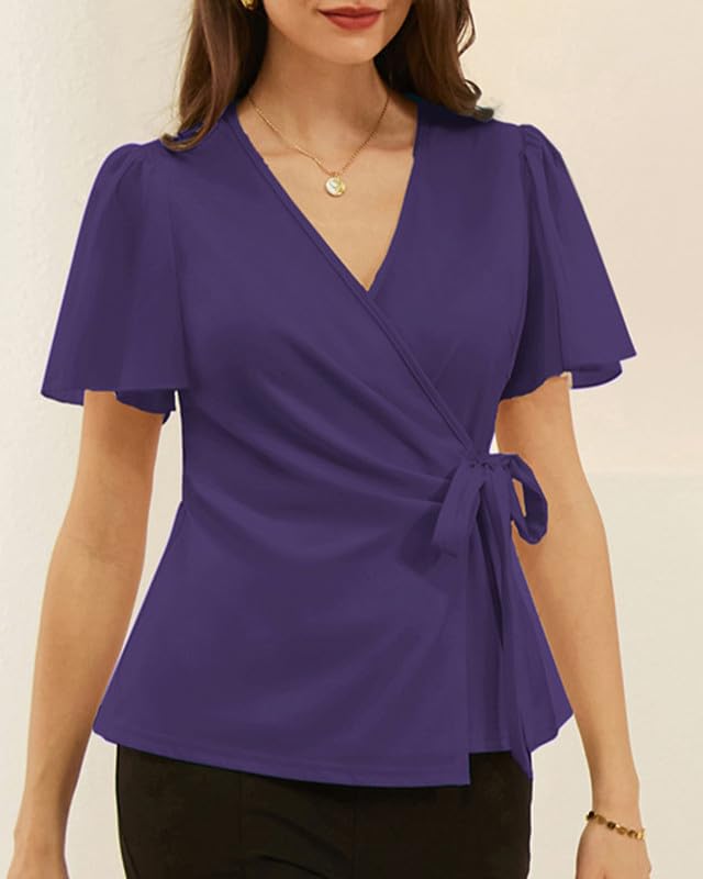 GRACE KARIN 2025 Women's Summer Tops - Elegant Chiffon V-Neck Wrap Blouse for Business Casual & Office Wear | Short Sleeve Fitted Shirt for Work, Meetings & Professional Occasions