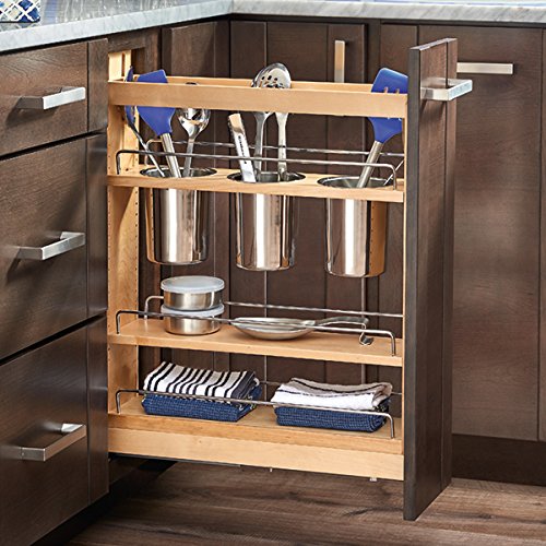 HandyCT 5-Inch Chrome Utensil Bin Organizer with 3 Stainless Steel Bins & Adjustable Maple Shelves - Kitchen Countertop Storage for Spoons, Forks, Knives - Perfect for Home, Restaurant, or Office Use