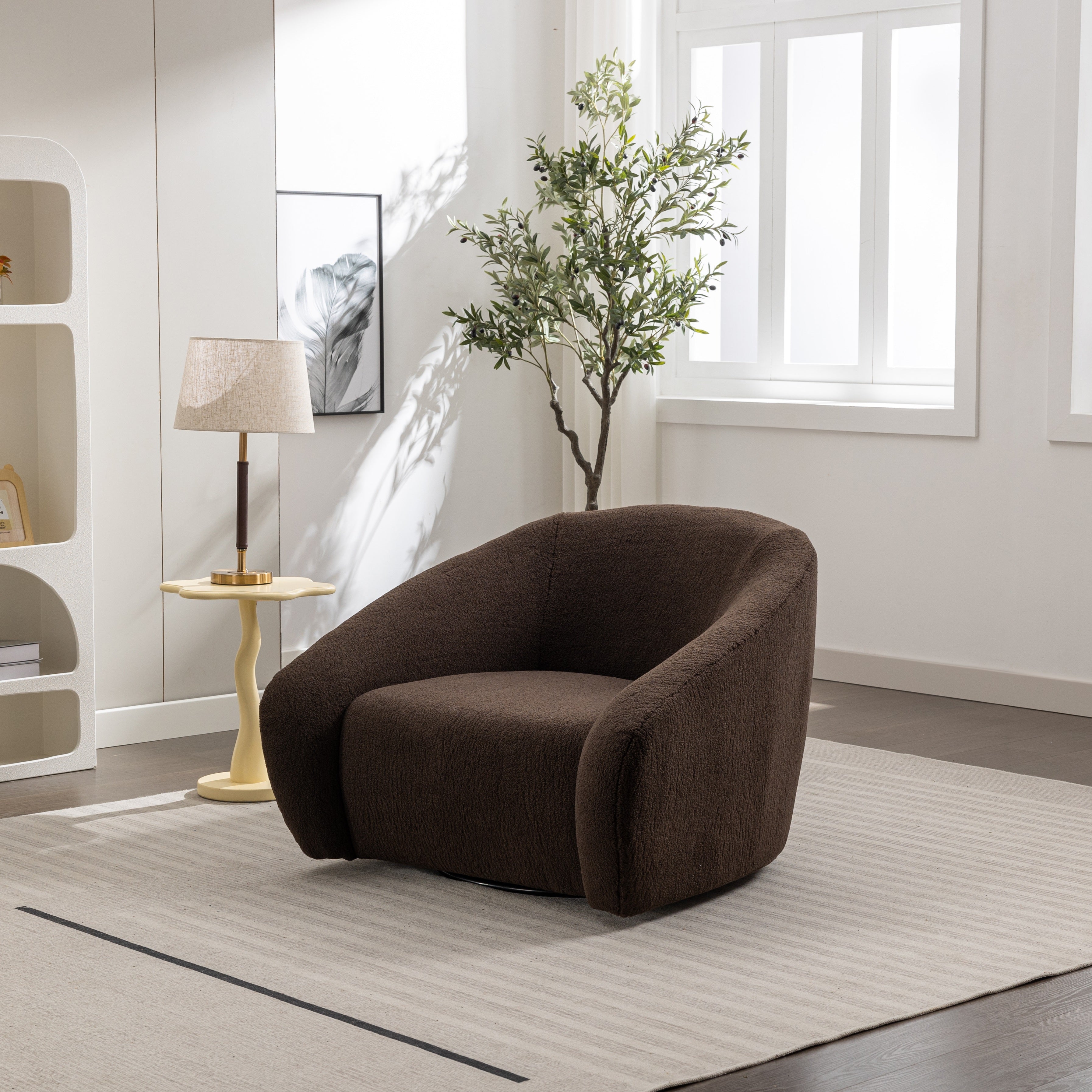 Roundhill Furniture Luzern Modern Boucle Upholstered Accent Chair - 360° Swivel Lounge Chair for Living Room, Bedroom & Office - Soft Fabric Contemporary Seating with Rotating Base