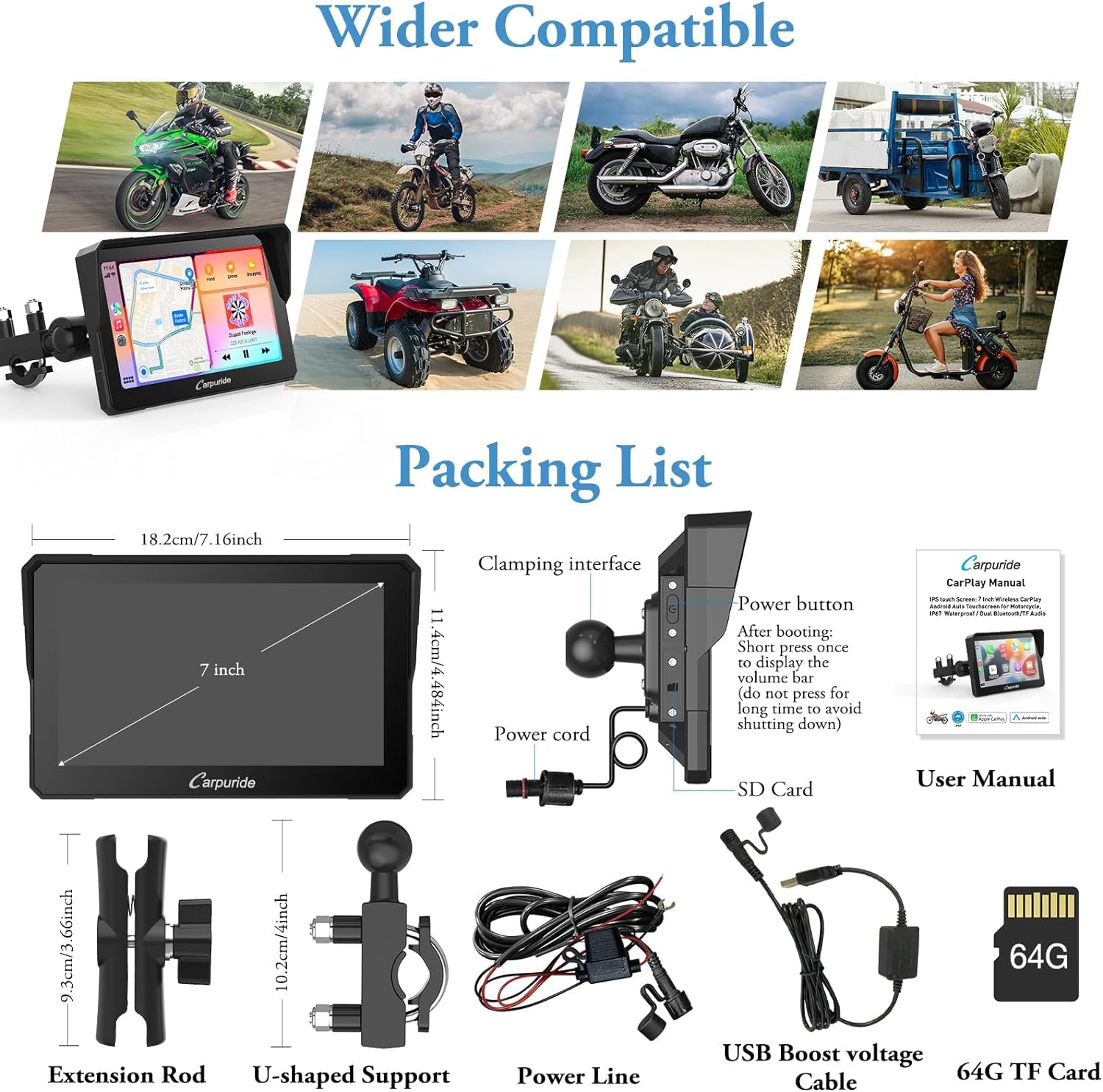 Carpuride W702 7-Inch Waterproof Motorcycle GPS Navigation System with Apple CarPlay & Android Auto, Dual Bluetooth, Siri & Google Assistant, 64GB TF Card - Perfect for Adventure Riding, Commuting & Road Trips