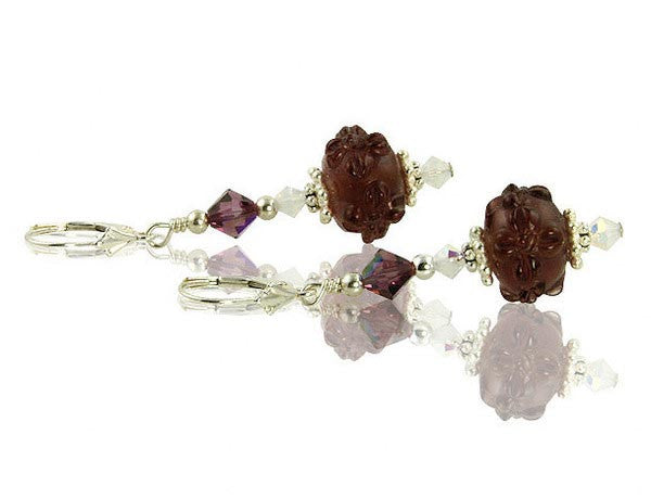 Handmade Amethyst Opal Floral Lampwork Crystal Earrings – Elegant Dangle Earrings for Women, Perfect for Weddings, Parties & Special Occasions