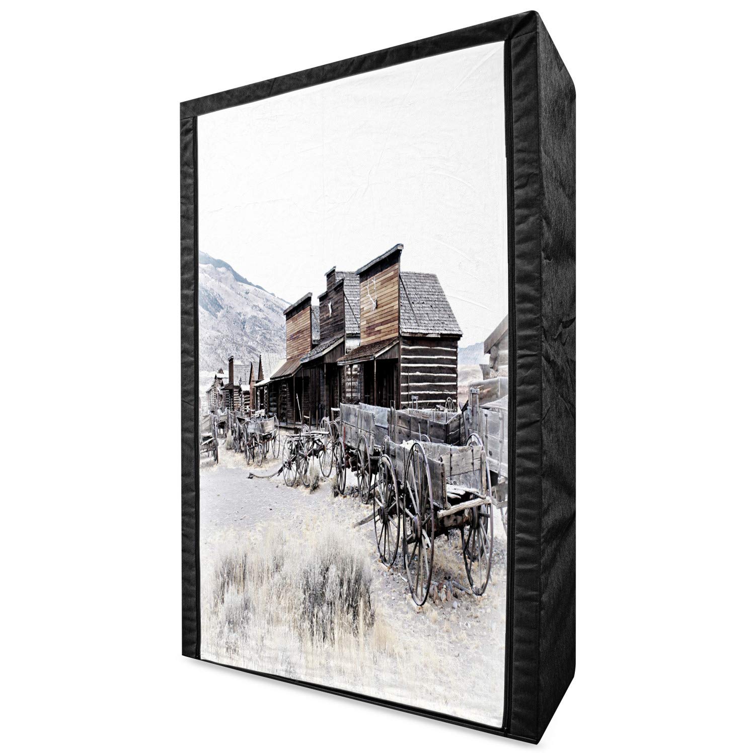 Ambesonne Western Portable Fabric Wardrobe - Vintage Wooden Wagons from 1920s Ghost Town Print, Wyoming Wheels Artwork Clothing Organizer with Shelves, 42.5 Inch Brown & White Storage Closet | Perfect for Bedroom, Dorm, Apartment or RV Organization