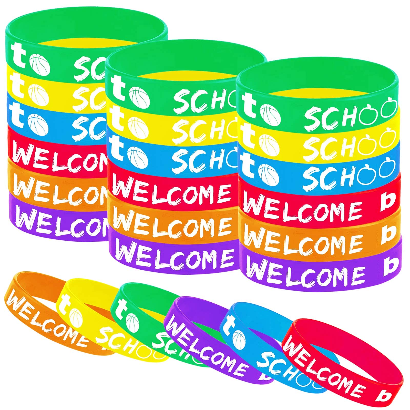 48PCS Welcome Back to School Rubber Bracelets - First Day & 100 Days of School Party Favors, Silicone Wristbands for Classroom Decorations, Birthday Party Supplies, Goodie Bags & Student Rewards (Perfect for School Events, Classroom Celebrations & Teacher Gifts)