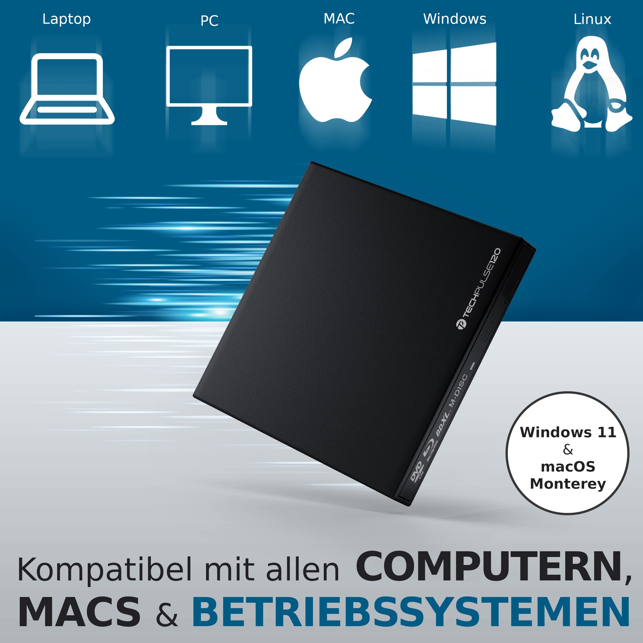 techPulse120 External Blu-Ray Burner USB 3.0 - Slim BDXL M-Disc 3D Blu-ray DVD CD Writer for PC, Mac, Laptop - Perfect for Data Backup, Media Archiving & Home Entertainment