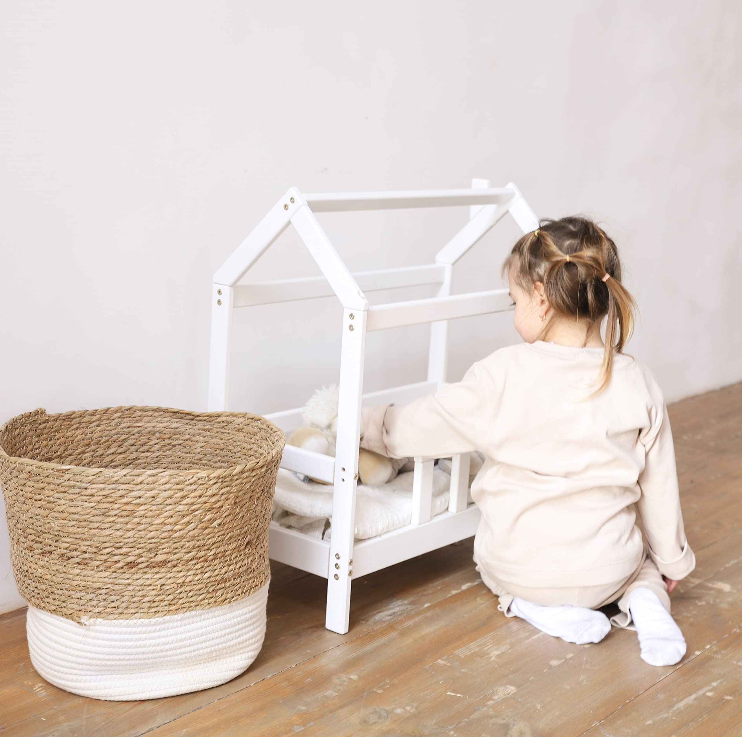 BUSYWOOD Wooden Doll Bed & Toddler Bed Frame - White Girls Bedroom Furniture for Pretend Play & Montessori Learning - Perfect for Dollhouse Accessories & Kids Imaginative Play