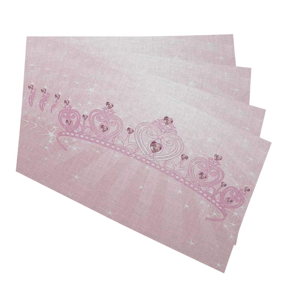 HOSNYE 4-Pack Princess Crown Placemats - Elegant Pink Shining Washable Fabric Table Mats for Dining Room, Kitchen, Party Decor & Royal Theme Events
