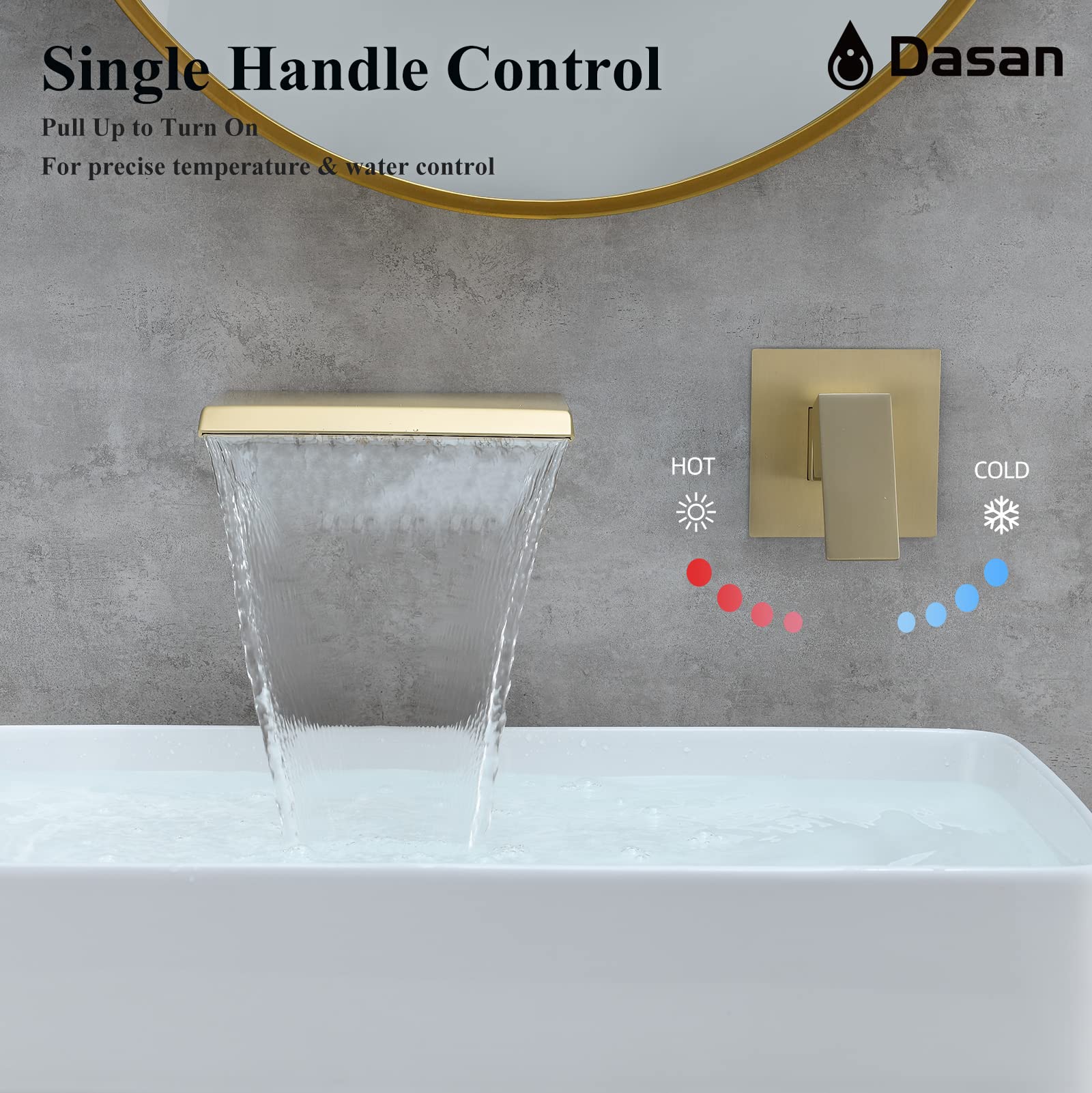 Brushed Gold Wall Mount Waterfall Bathroom Faucet - Single Handle Modern Wall Mounted Sink Faucet with Upgraded Rough-in Valve (DA-TFD3BG-NH) - Perfect for Spa-Like Bathrooms, Luxury Hotels, and Contemporary Home Decor